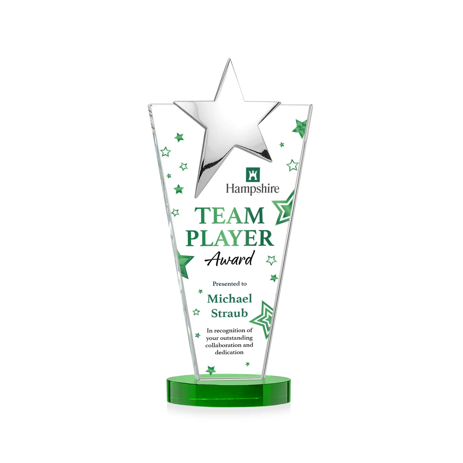 Custom engraved Starfire Crystal Award with Chrome or Gold Star on Oval Base for corporate award ceremonies