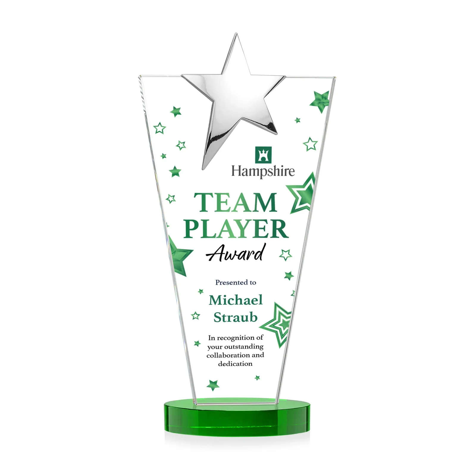 Custom engraved Starfire Crystal Award with Chrome or Gold Star on Oval Base for service anniversary gifts