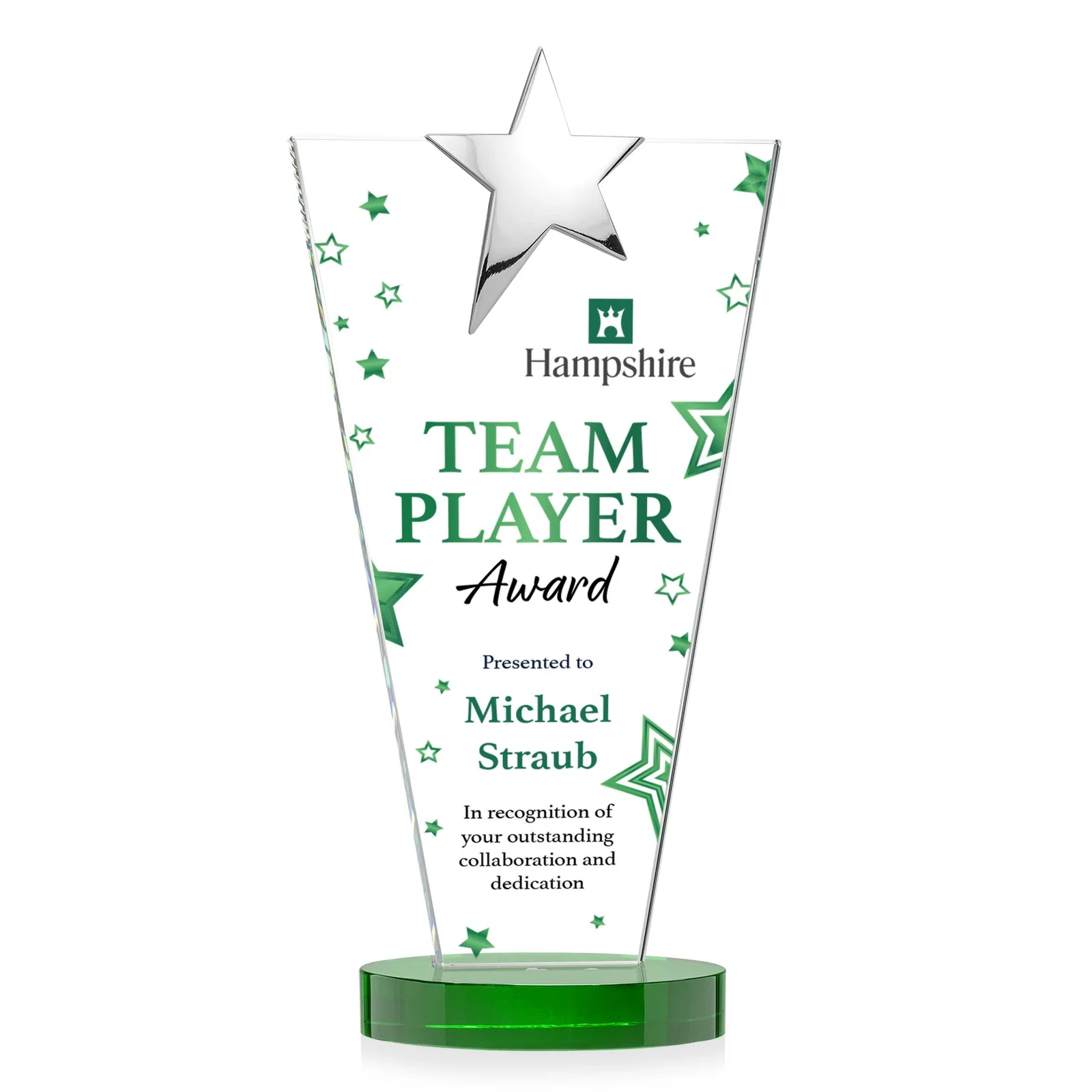Custom engraved Starfire Crystal Award with Chrome or Gold Star on Oval Base for sales achievement awards