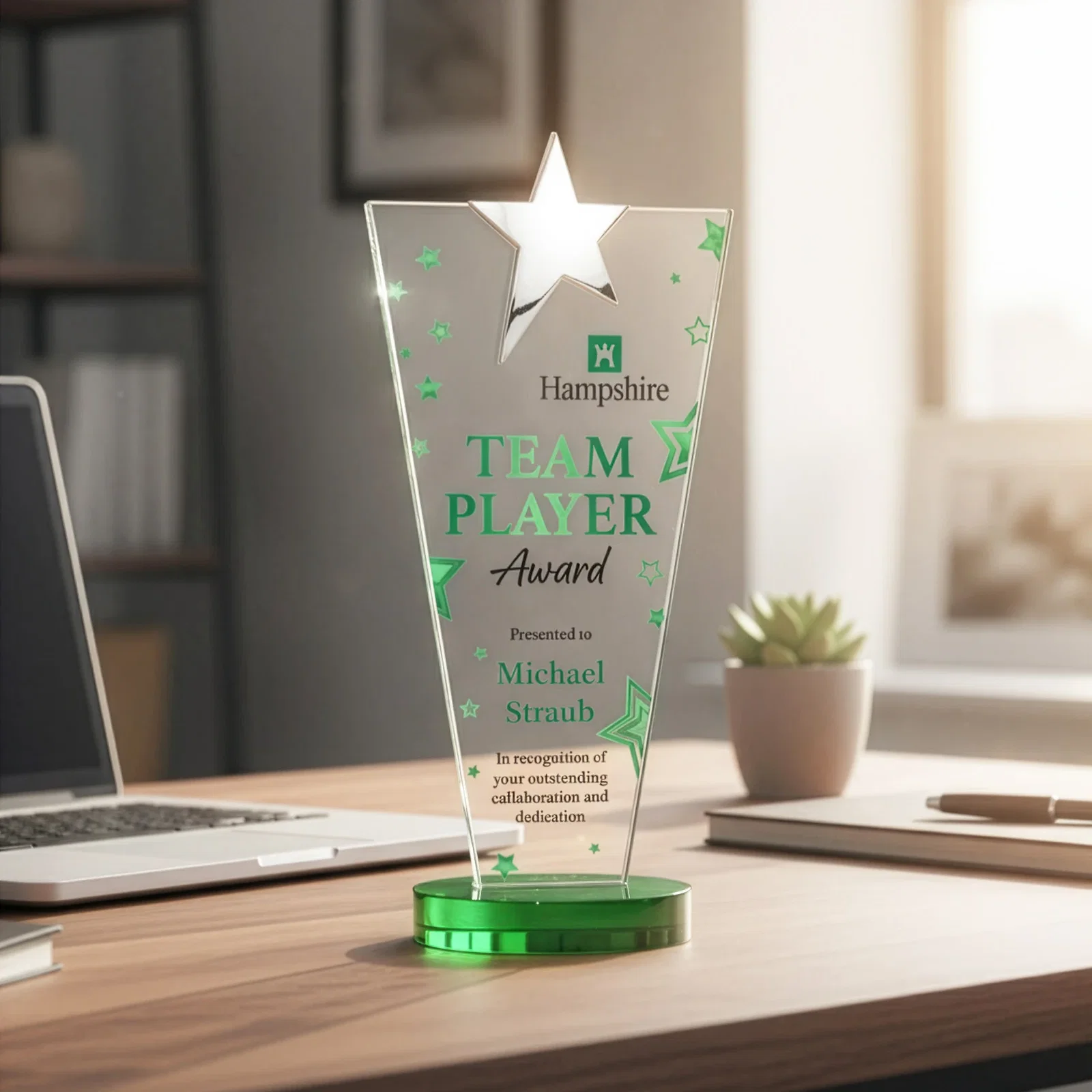 Custom engraved Starfire Crystal Award with Chrome or Gold Star on Oval Base for retirement presentations