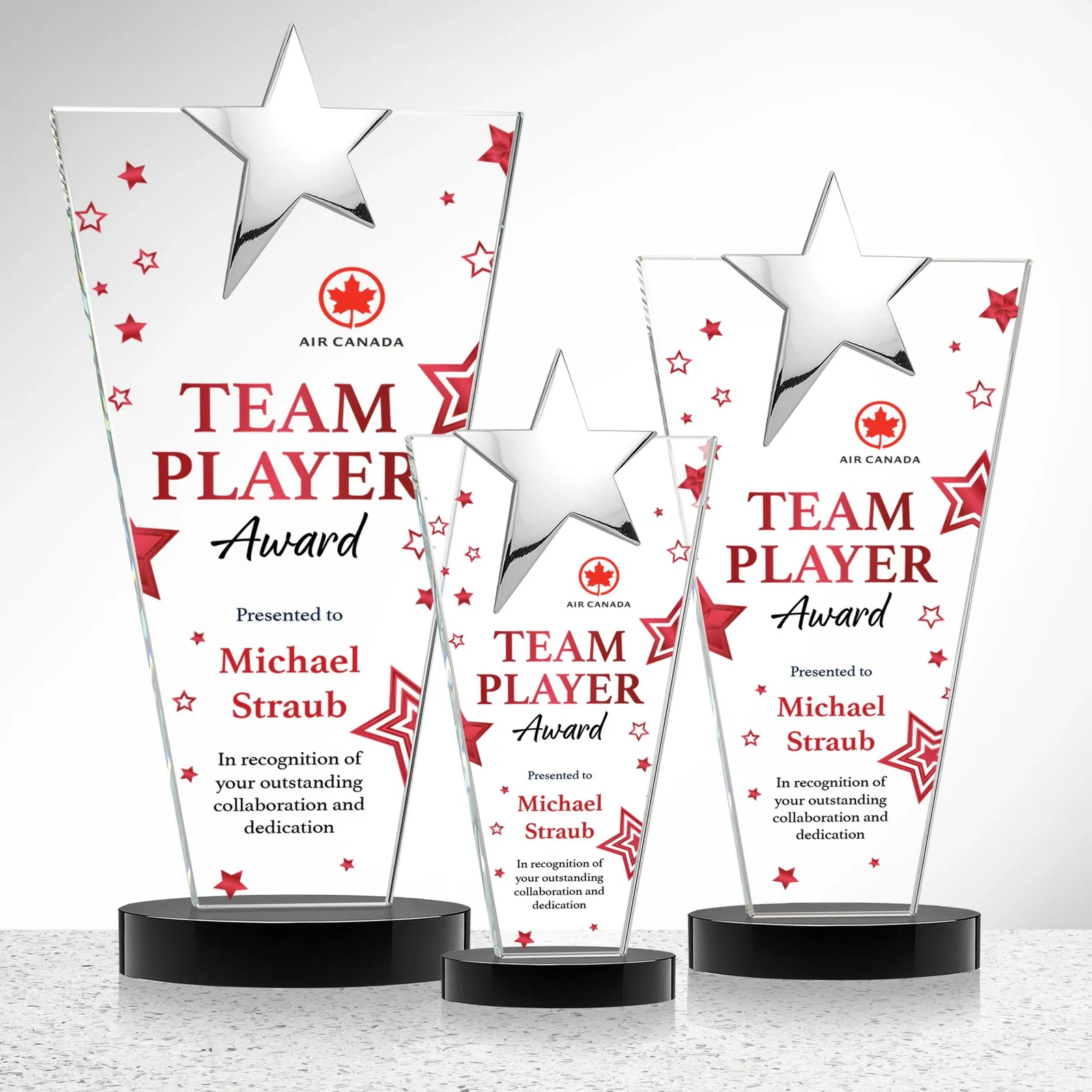 Custom engraved Starfire Crystal Award with Chrome or Gold Star on Oval Base for team milestone celebrations