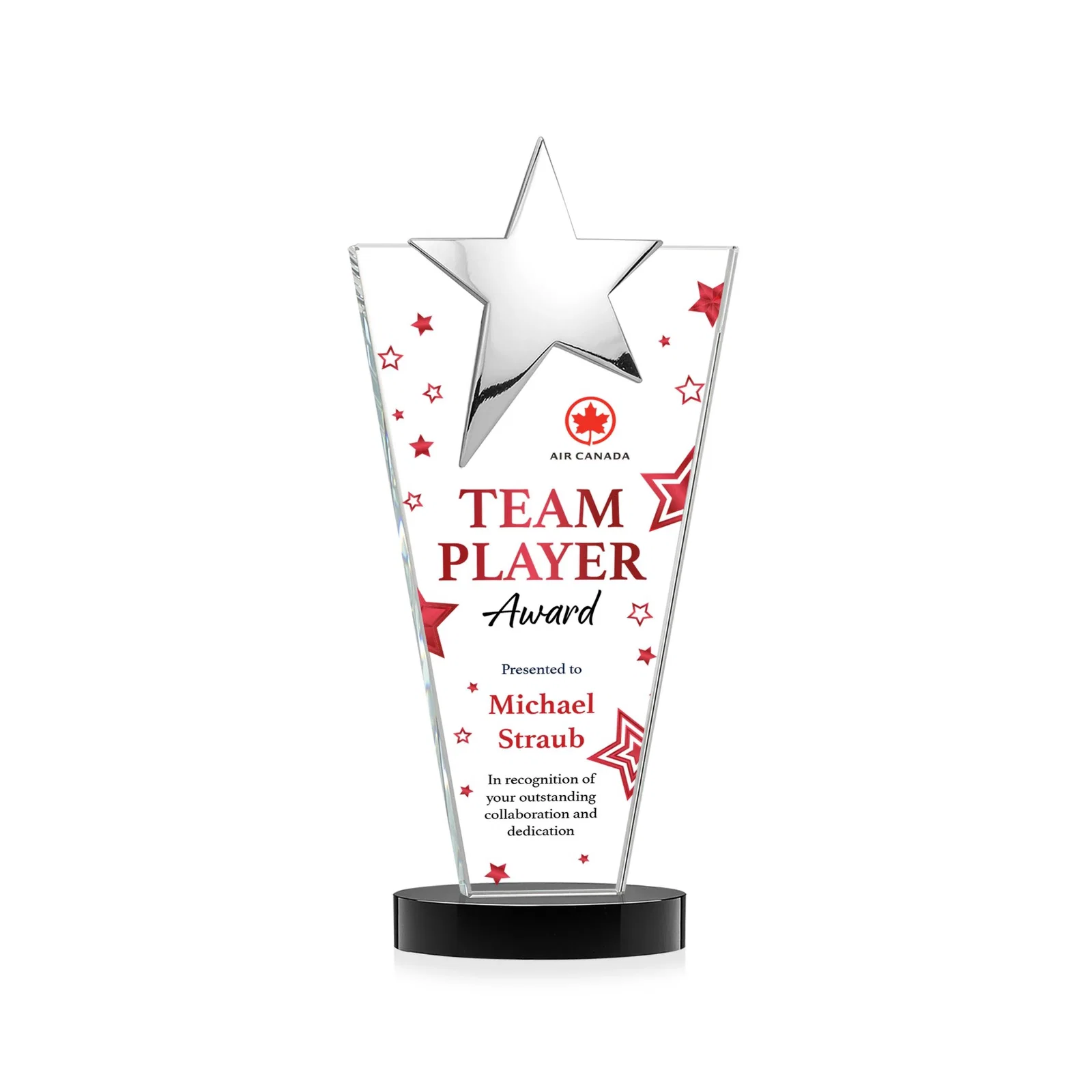 Custom engraved Starfire Crystal Award with Chrome or Gold Star on Oval Base for donor appreciation