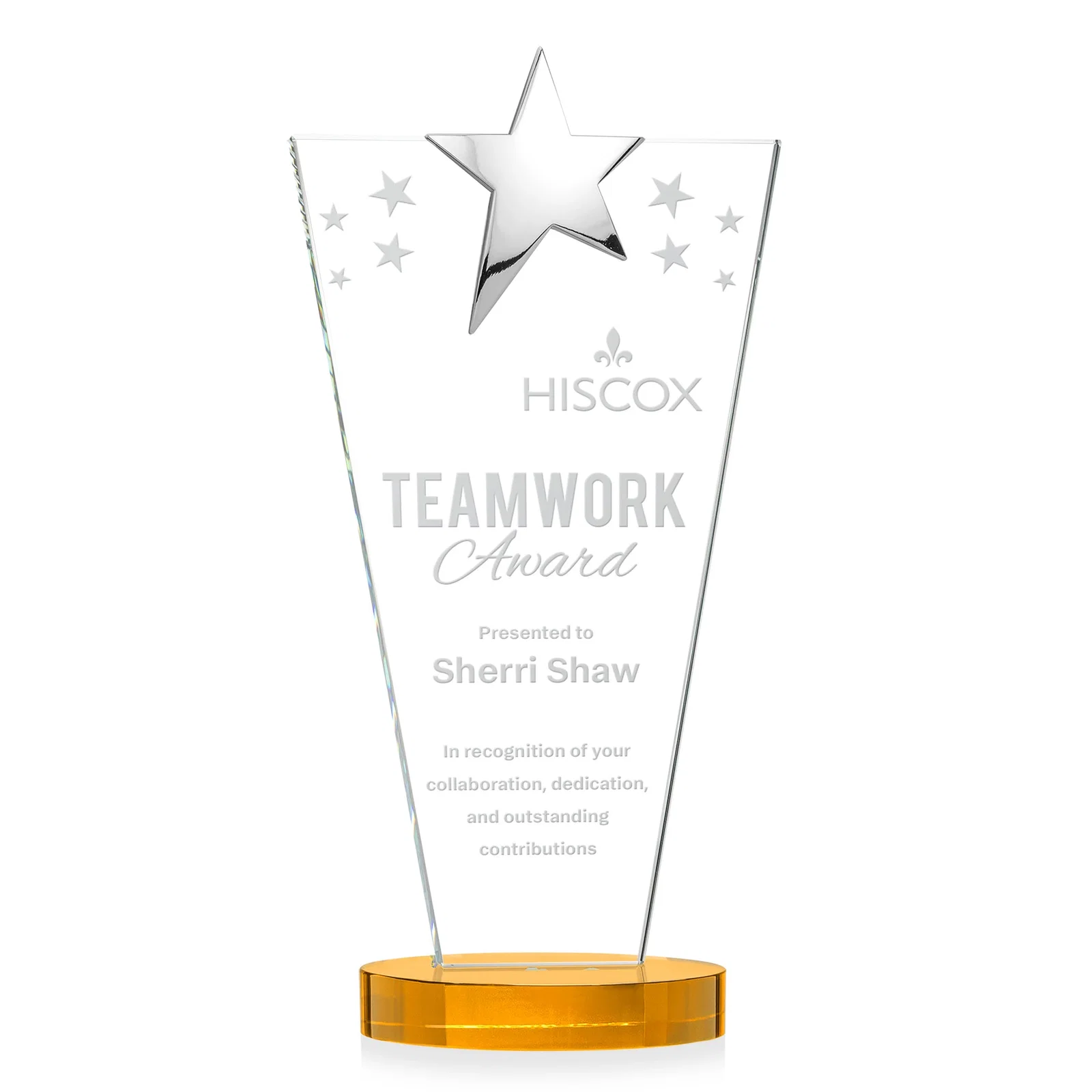 Custom Starfire Crystal Award with Chrome or Gold Star on Oval Base for graduation ceremonies