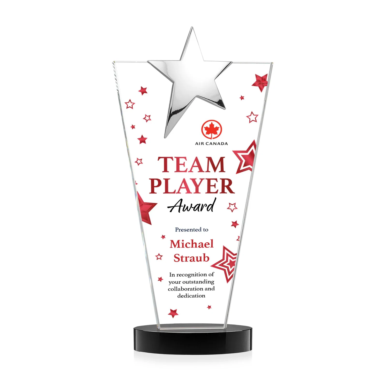 Custom engraved Starfire Crystal Award with Chrome or Gold Star on Oval Base for graduation ceremonies