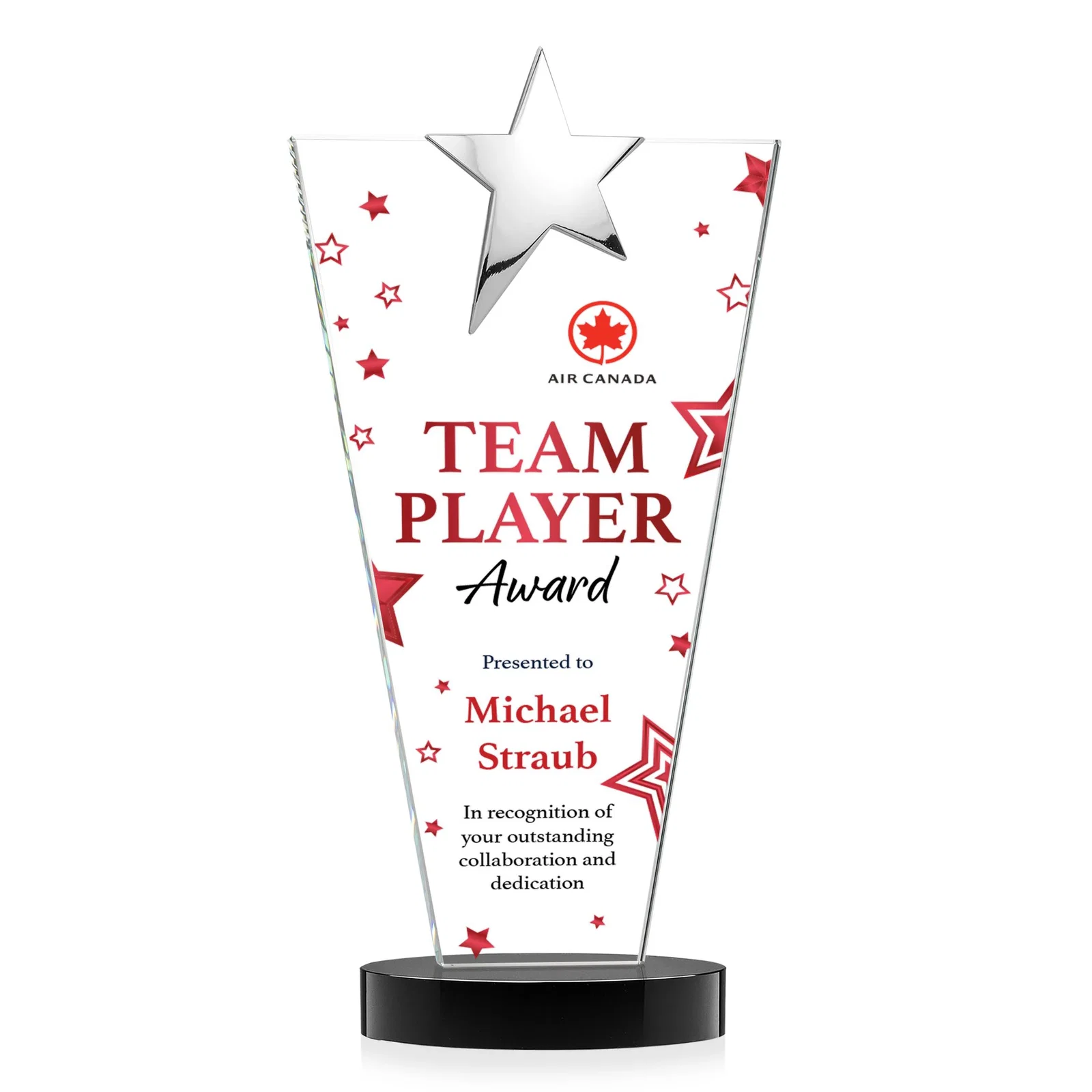 Custom engraved Starfire Crystal Award with Chrome or Gold Star on Oval Base for safety achievement programs
