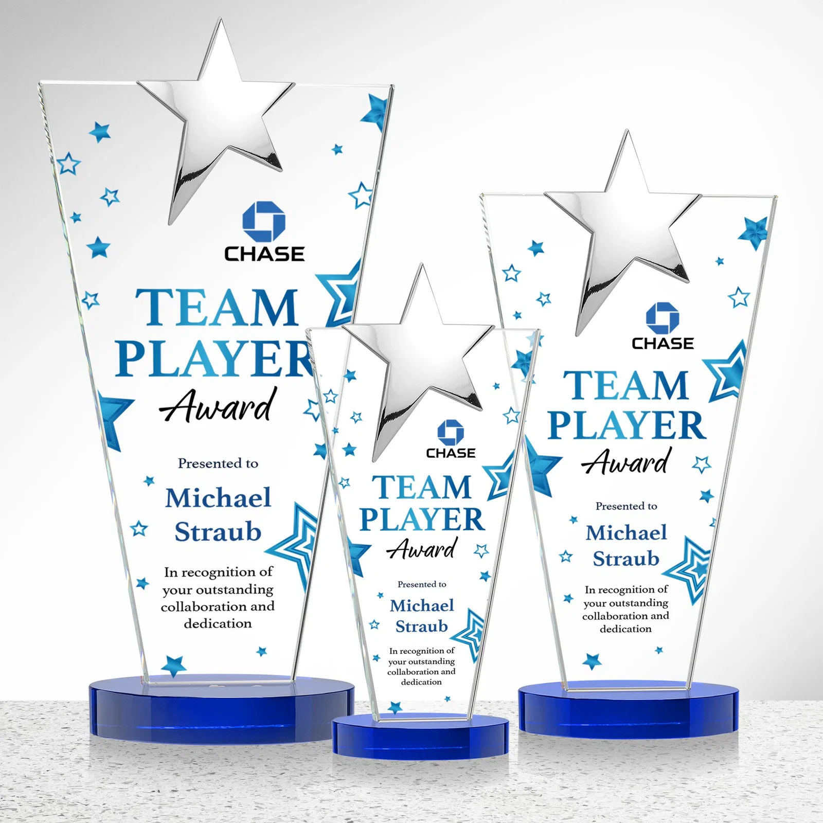 Custom engraved Starfire Crystal Award with Chrome or Gold Star on Oval Base for volunteer appreciation
