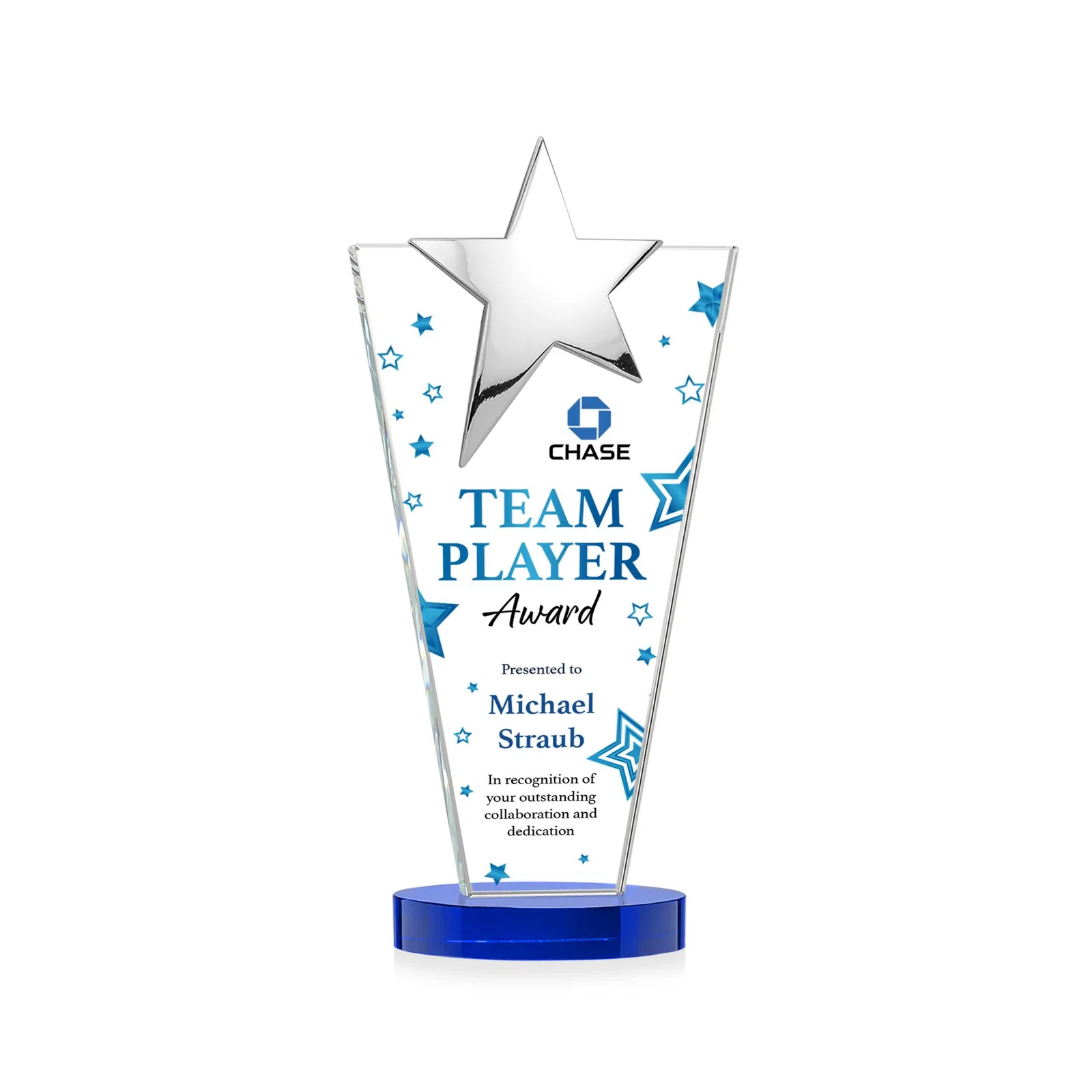 Custom engraved Starfire Crystal Award with Chrome or Gold Star on Oval Base for dealer and partner awards