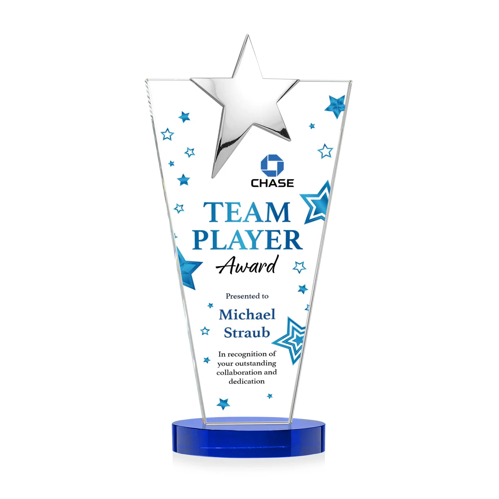 Custom engraved Starfire Crystal Award with Chrome or Gold Star on Oval Base for company anniversary events