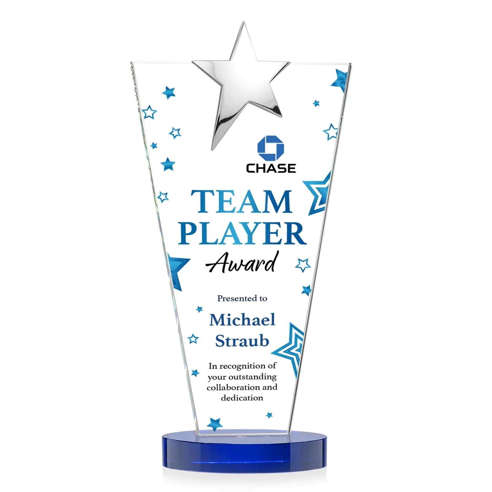 Custom Starfire Crystal Award with Chrome or Gold Star on Oval Base, with your logo for employee recognition