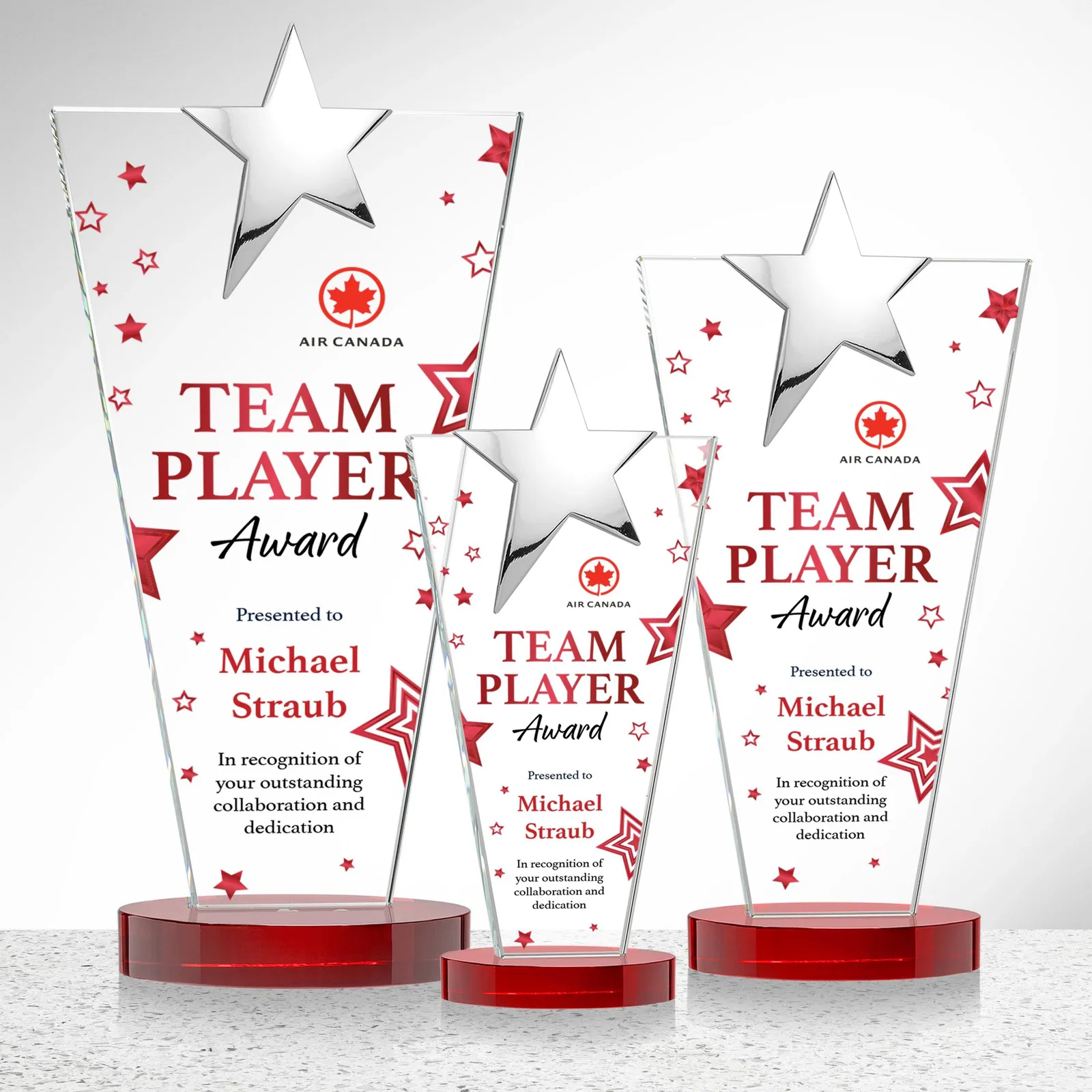 Custom Starfire Crystal Award with Chrome or Gold Star on Oval Base, with your logo for corporate award ceremonies