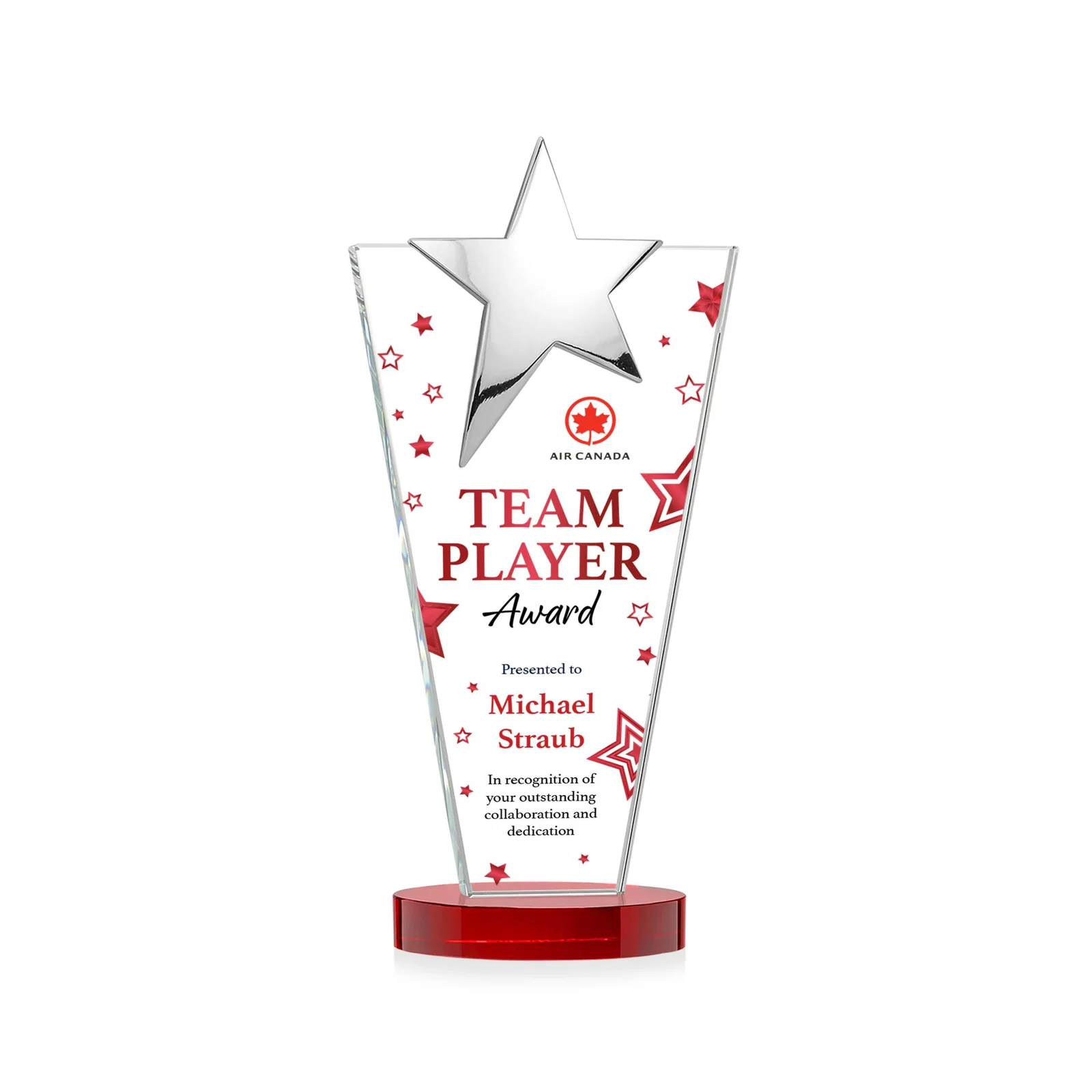 Custom Starfire Crystal Award with Chrome or Gold Star on Oval Base, with your logo for service anniversary gifts