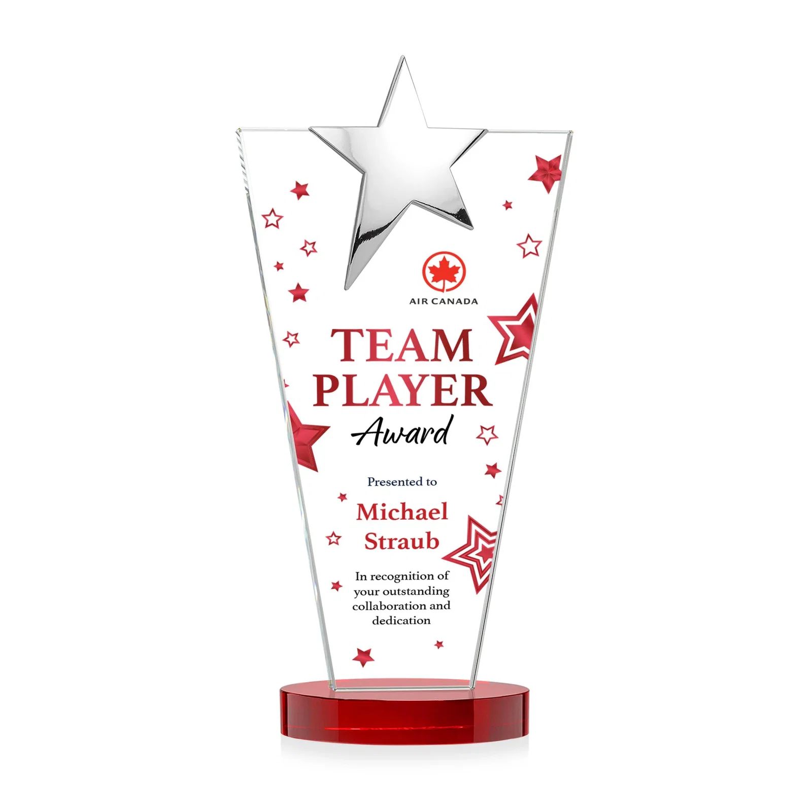 Custom Starfire Crystal Award with Chrome or Gold Star on Oval Base, with your logo for sales achievement awards