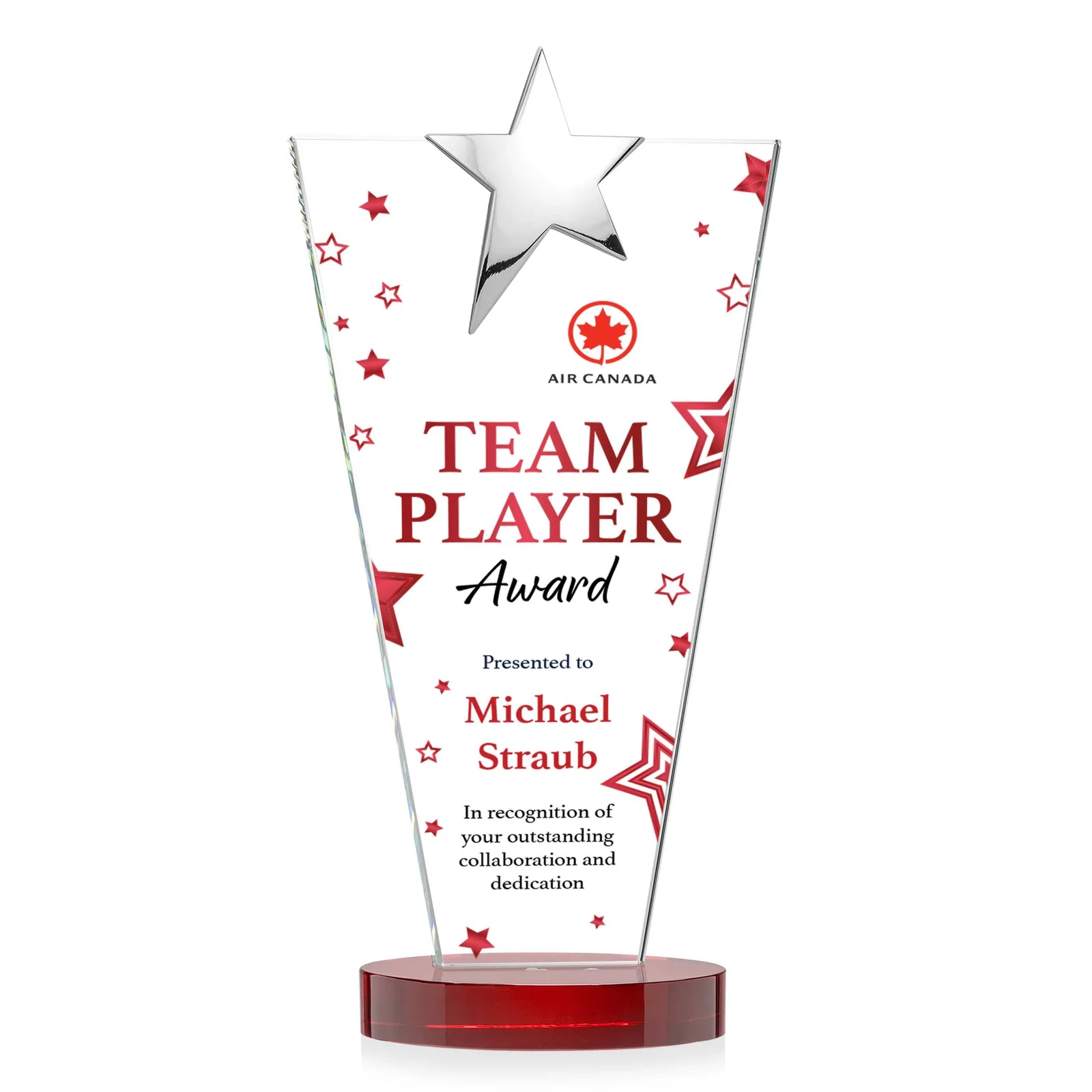 Custom Starfire Crystal Award with Chrome or Gold Star on Oval Base, with your logo for retirement presentations