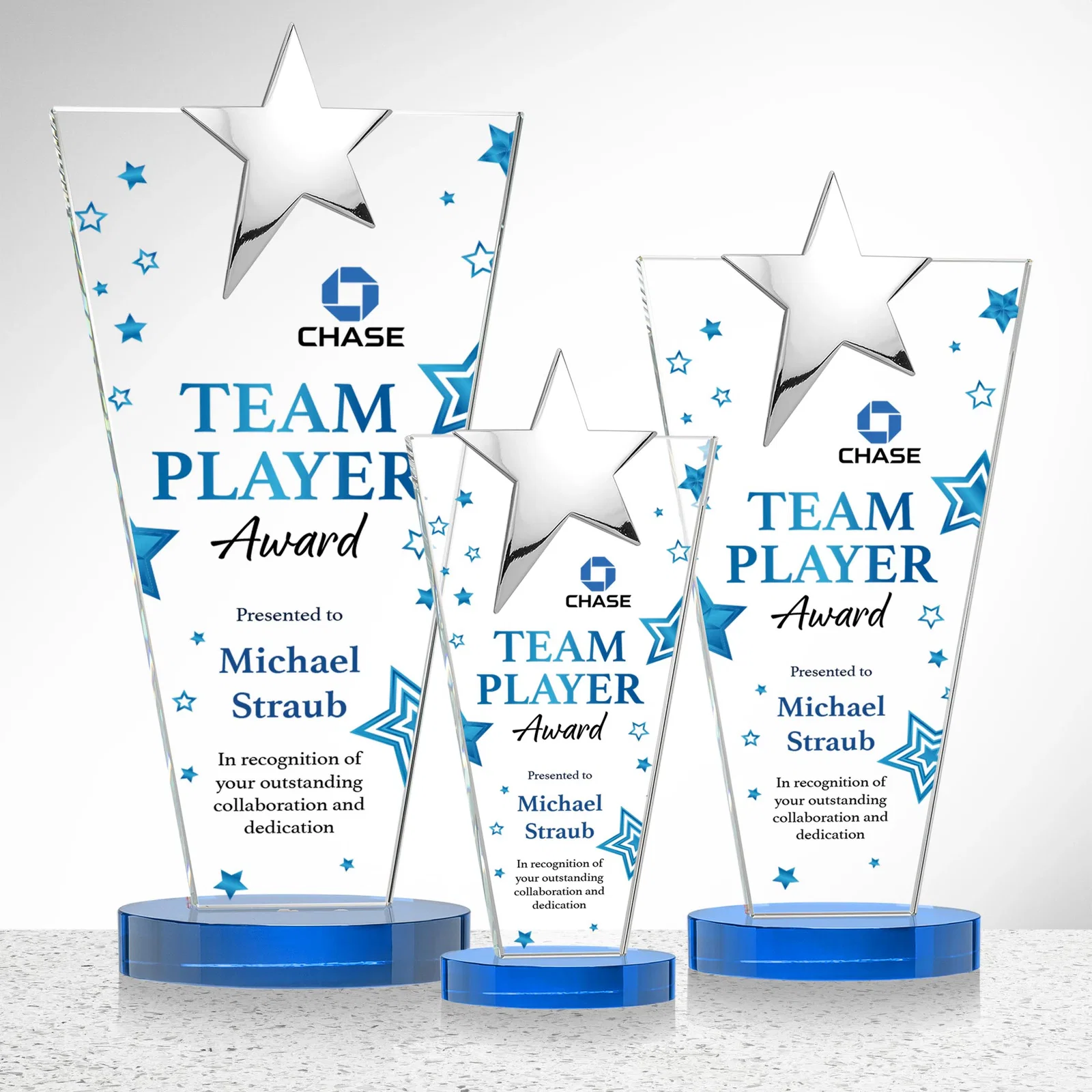 Custom Starfire Crystal Award with Chrome or Gold Star on Oval Base, with your logo for team milestone celebrations