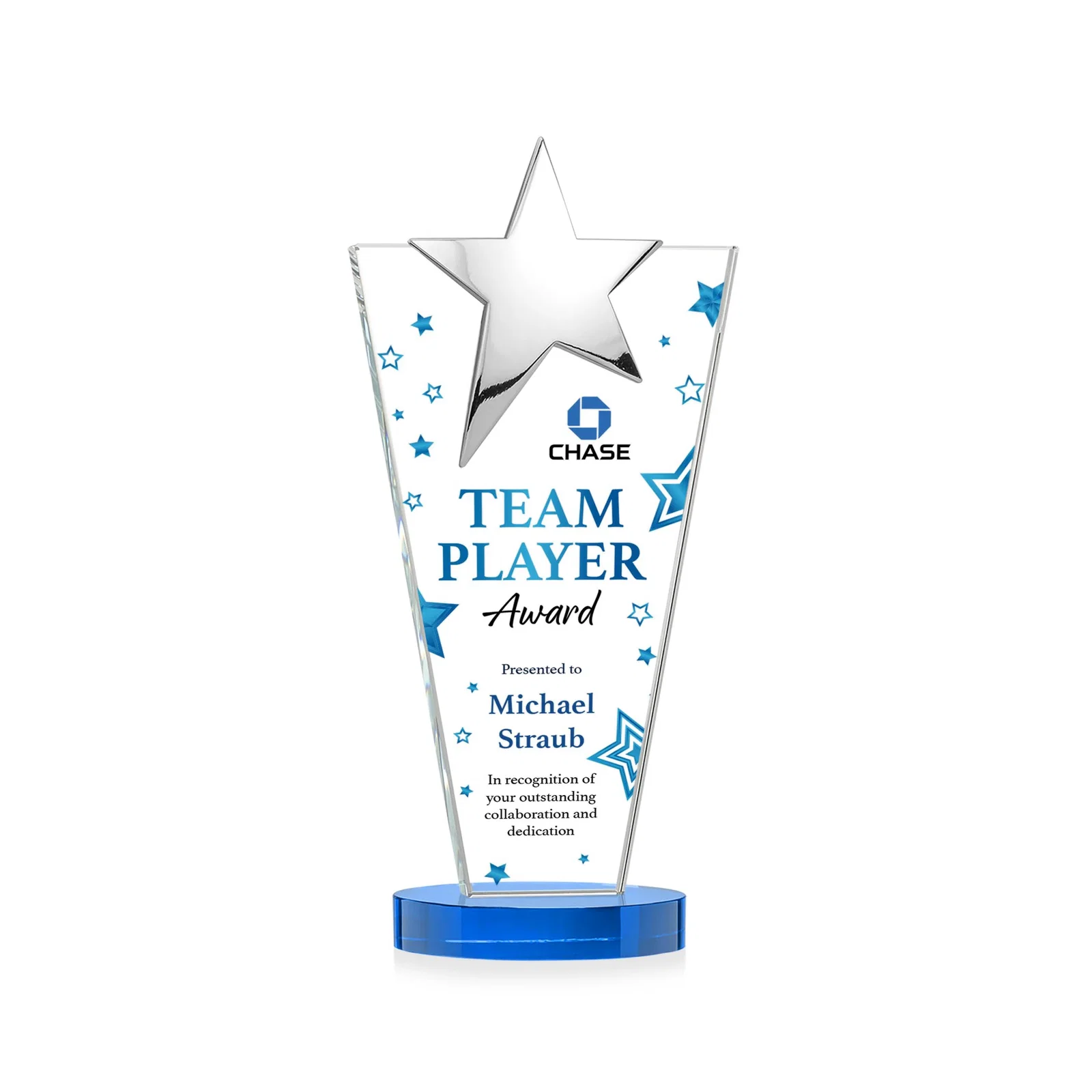 Custom Starfire Crystal Award with Chrome or Gold Star on Oval Base, with your logo for donor appreciation