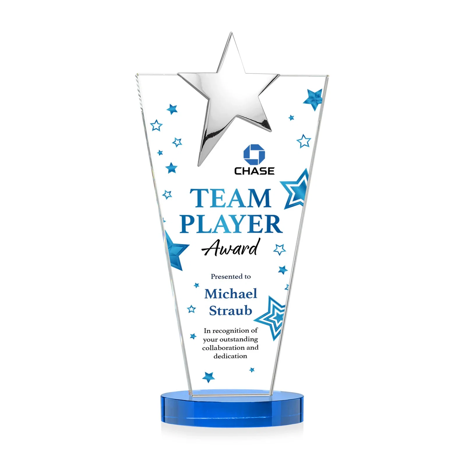 Custom Starfire Crystal Award with Chrome or Gold Star on Oval Base, with your logo for graduation ceremonies