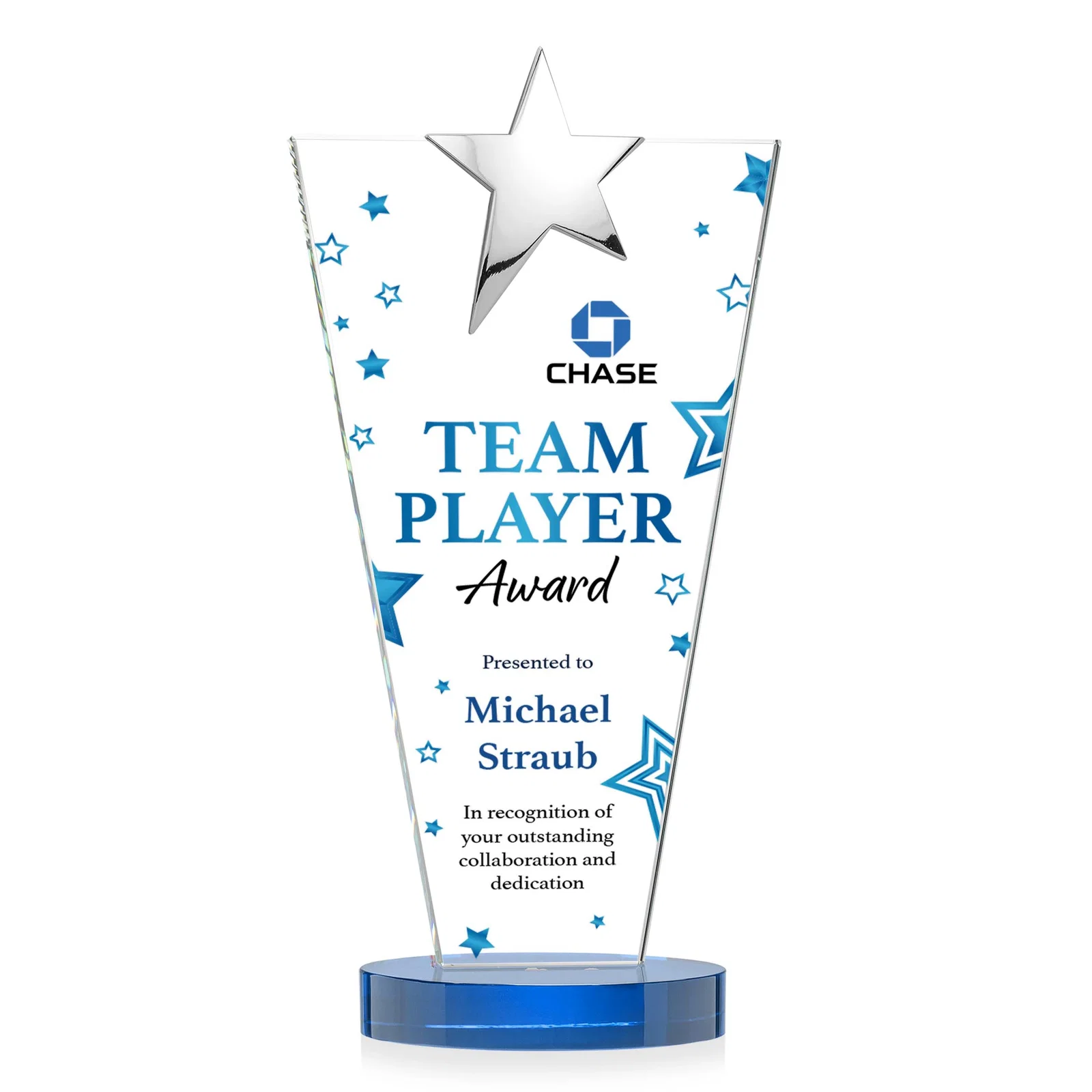 Custom Starfire Crystal Award with Chrome or Gold Star on Oval Base, with your logo for safety achievement programs