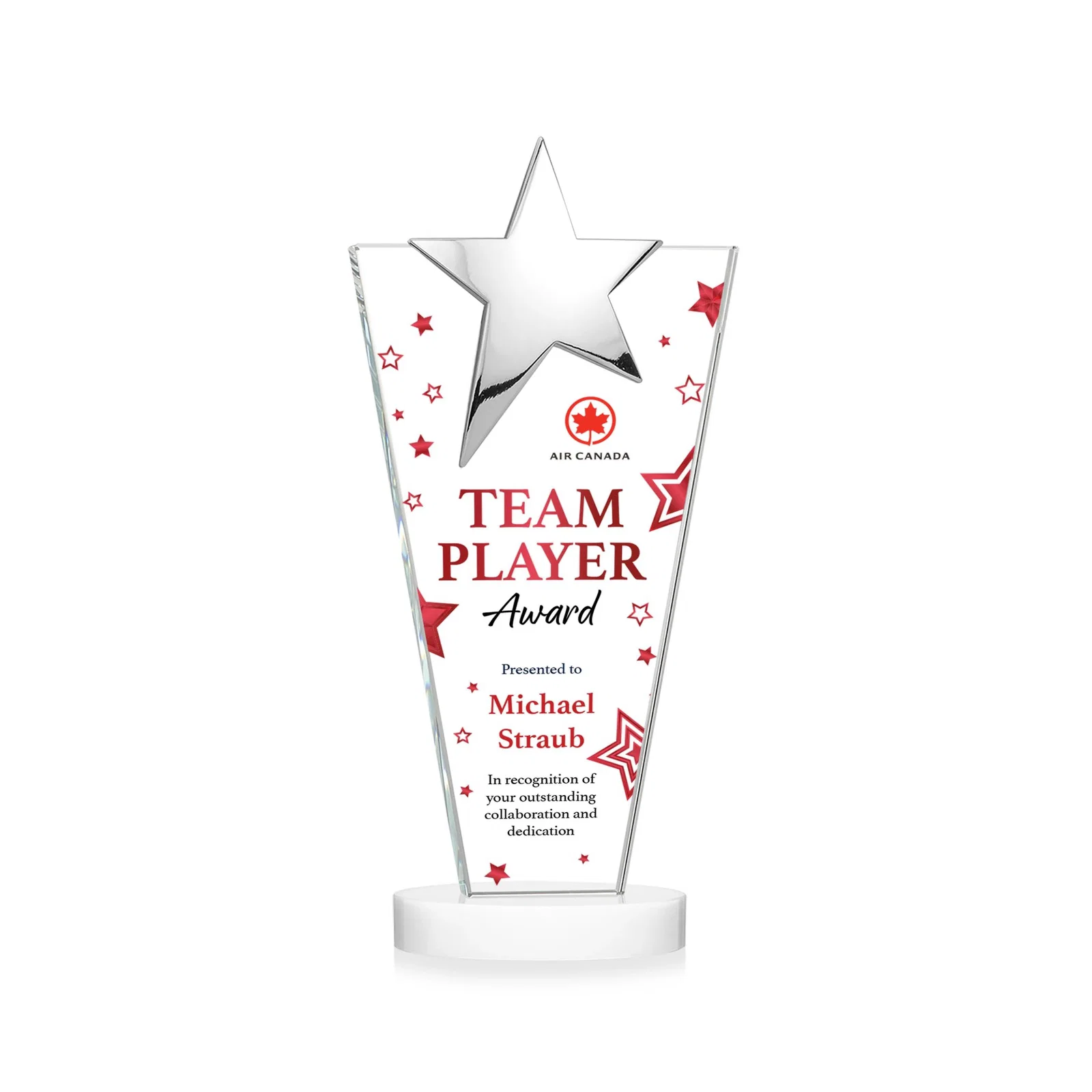 Custom Starfire Crystal Award with Chrome or Gold Star on Oval Base, with your logo for dealer and partner awards