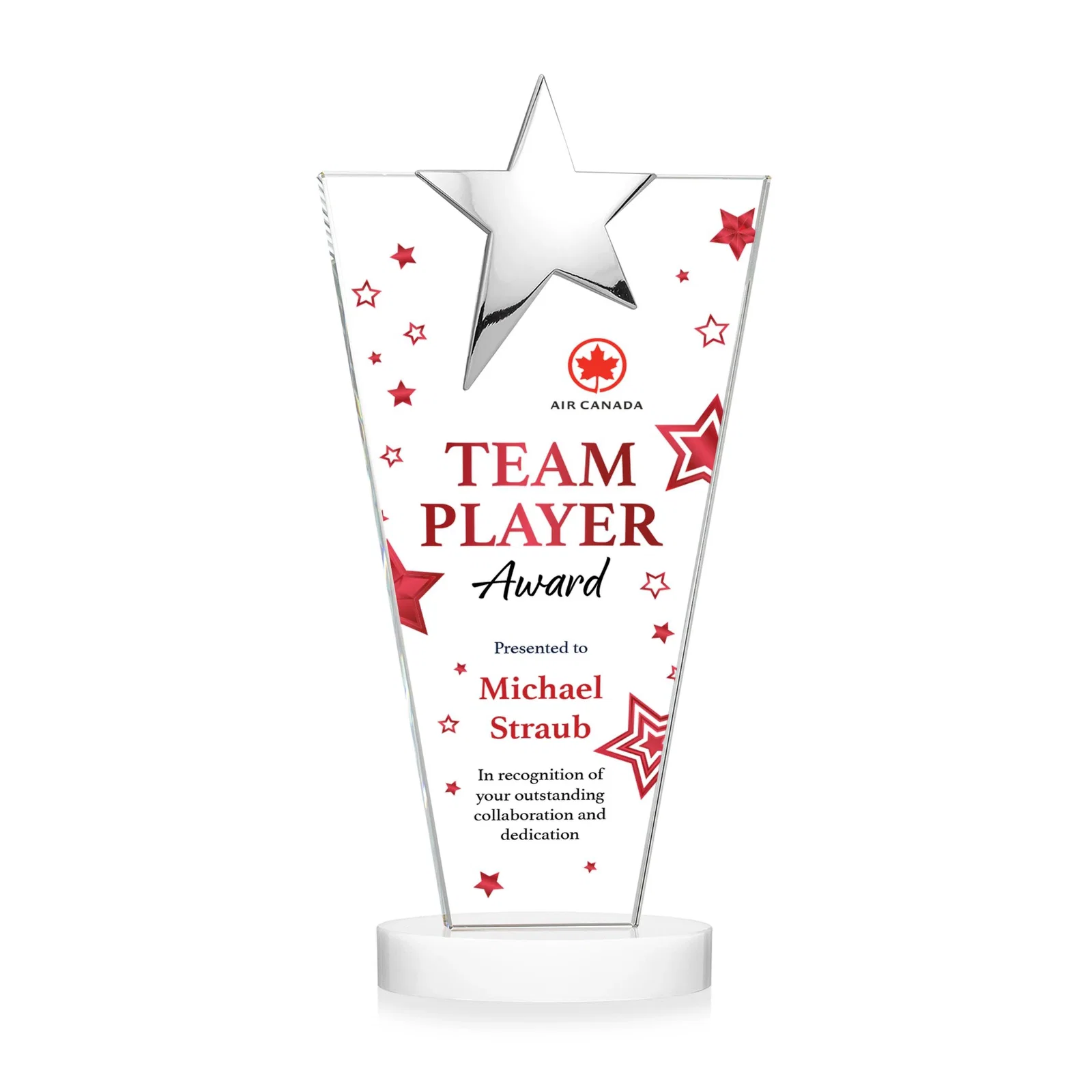 Custom Starfire Crystal Award with Chrome or Gold Star on Oval Base, with your logo for company anniversary events