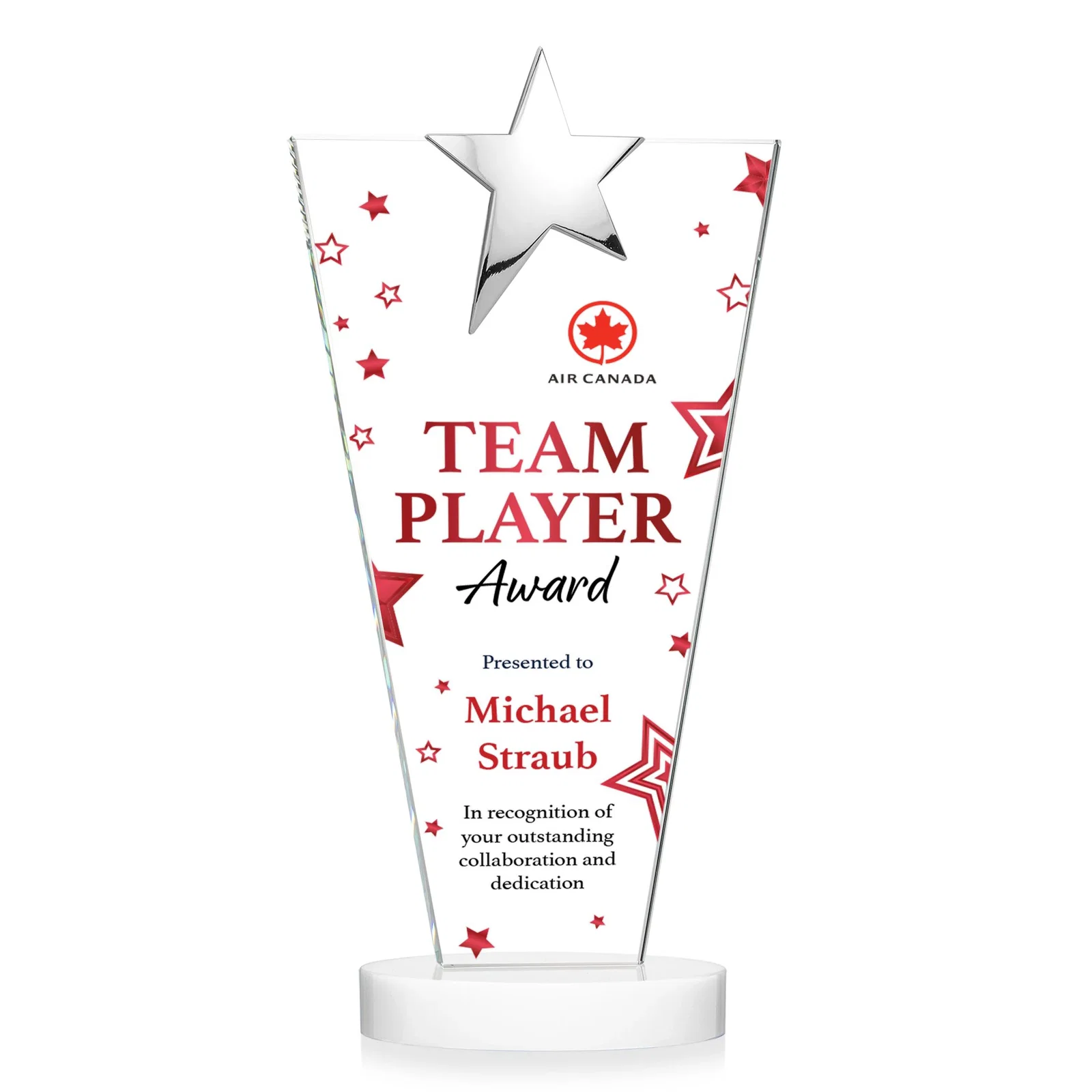 Personalized Starfire Crystal Award with Chrome or Gold Star on Oval Base, with your logo for employee recognition