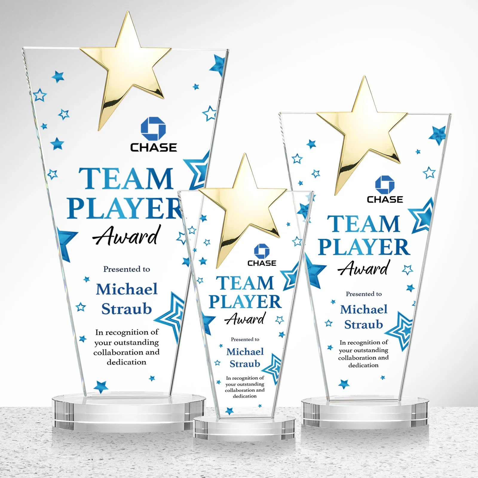 Personalized Starfire Crystal Award with Chrome or Gold Star on Oval Base, with your logo for corporate award ceremonies