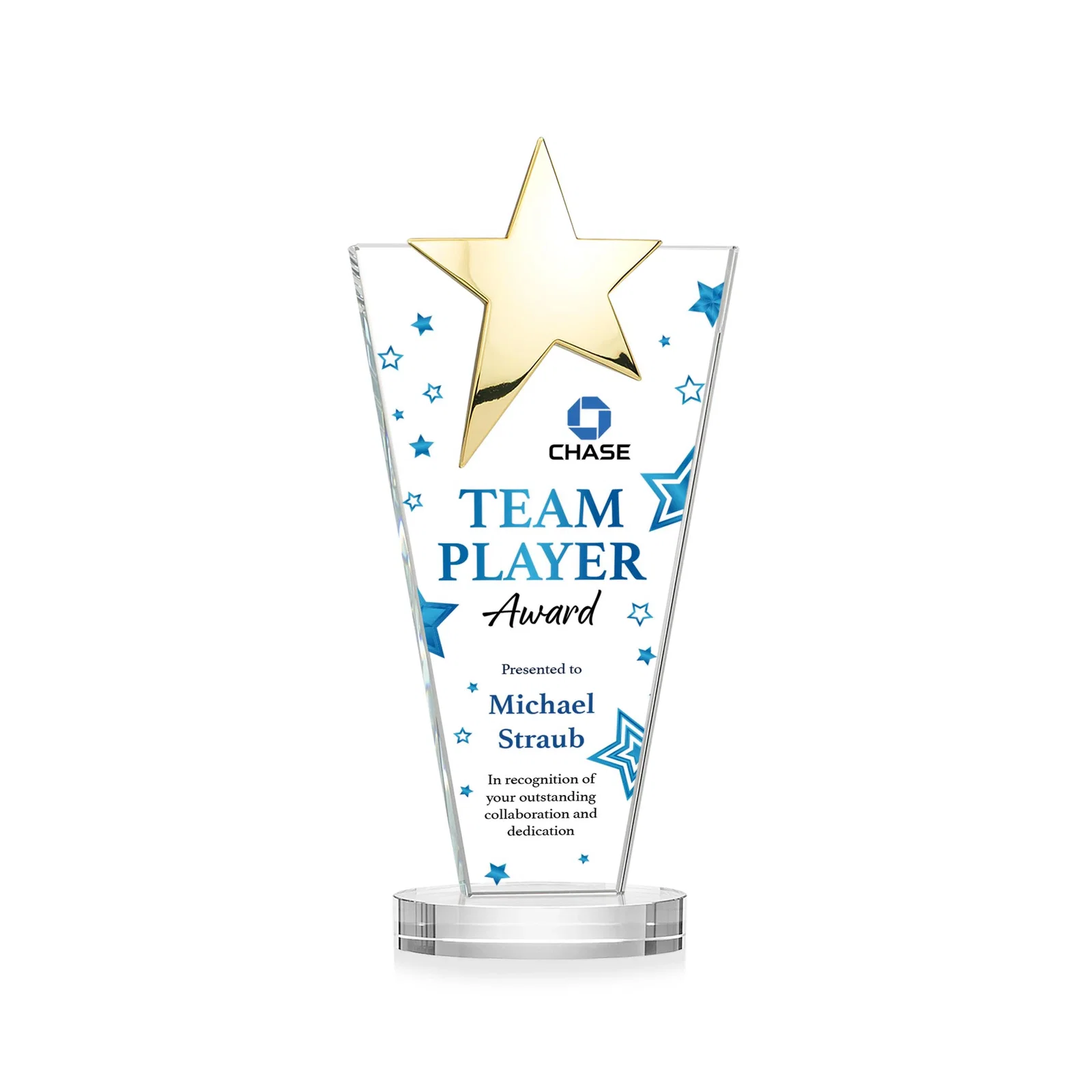 Personalized Starfire Crystal Award with Chrome or Gold Star on Oval Base, with your logo for service anniversary gifts
