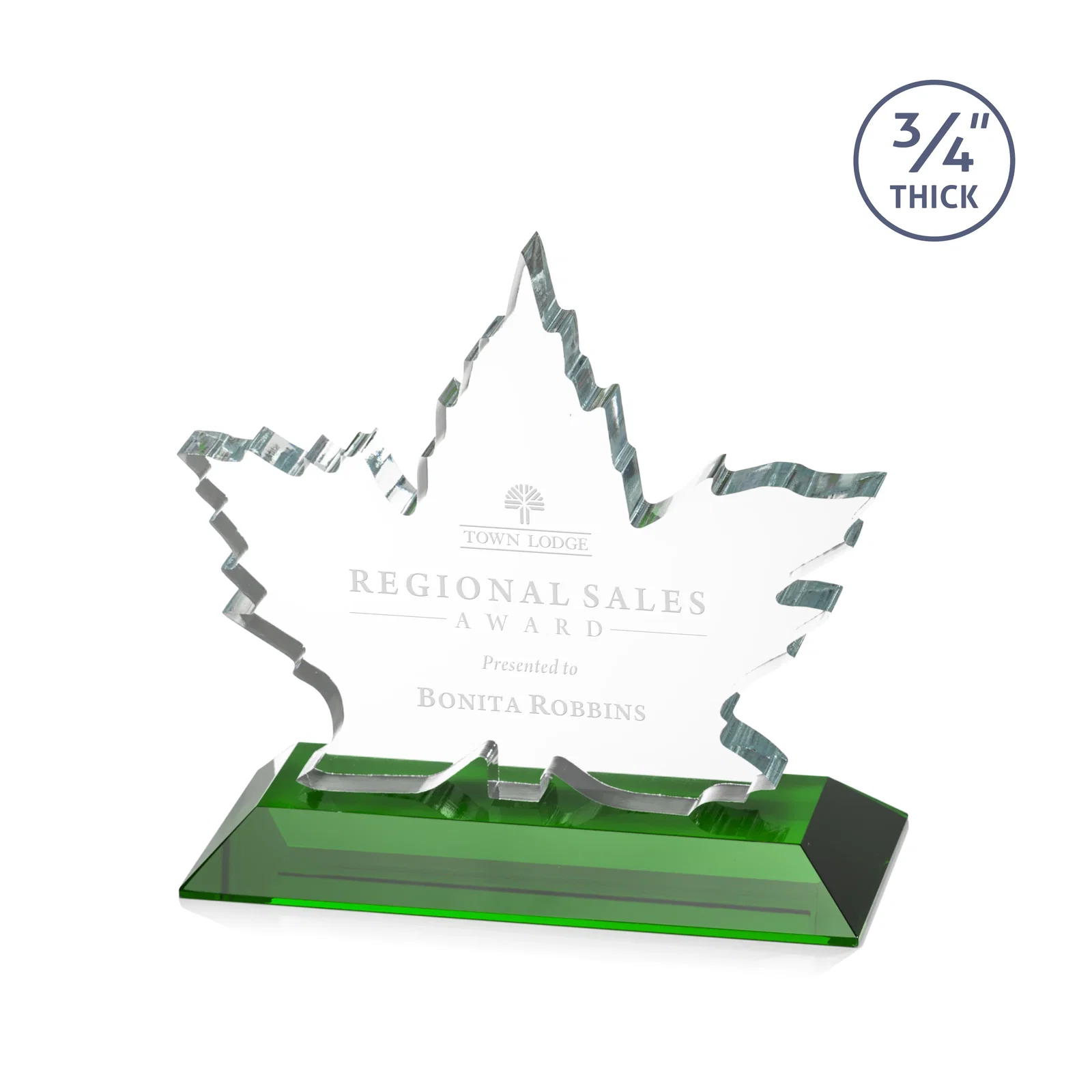 Custom Starfire Crystal Maple Leaf Award With Acid-Polished Edges for volunteer appreciation
