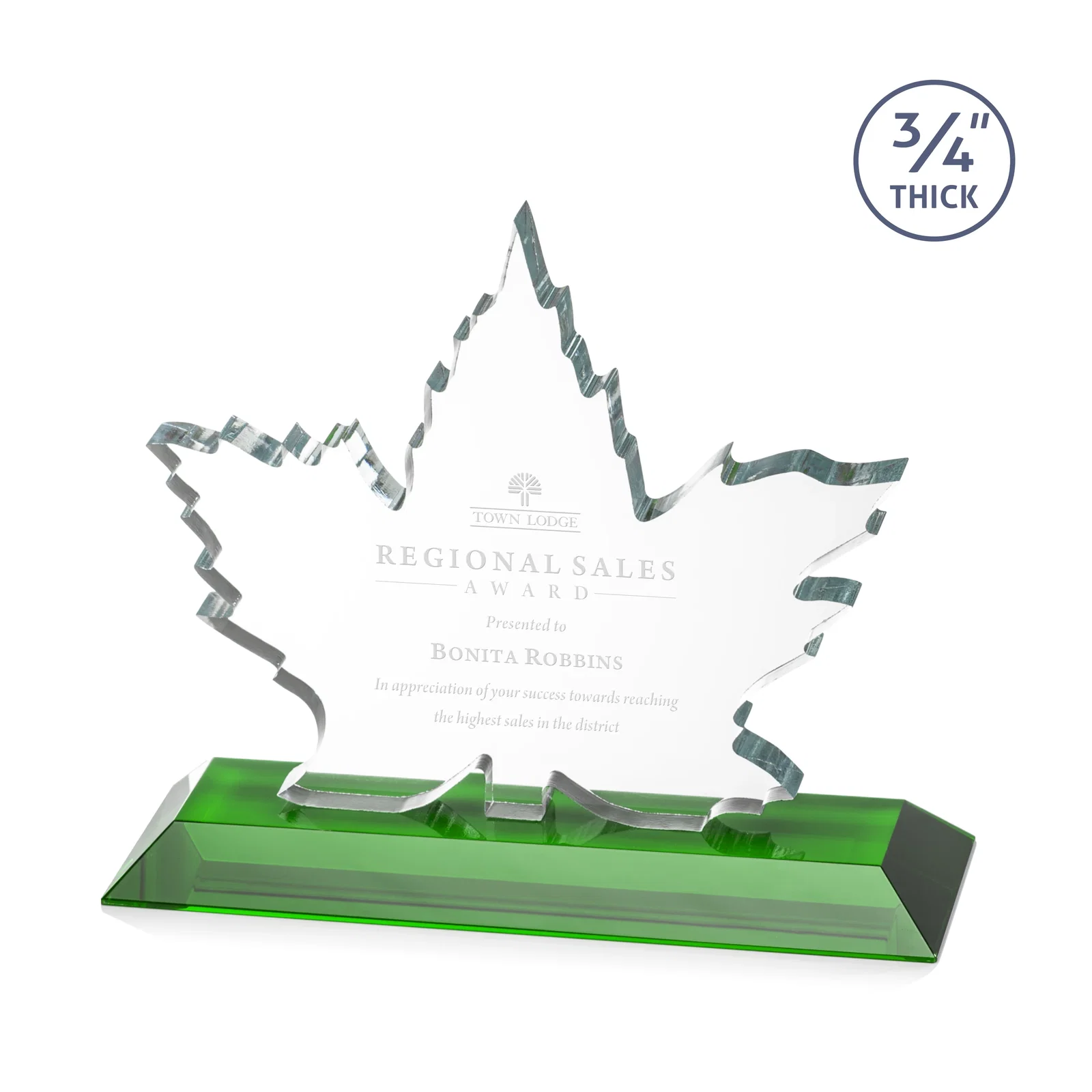 Custom Starfire Crystal Maple Leaf Award With Acid-Polished Edges for dealer and partner awards