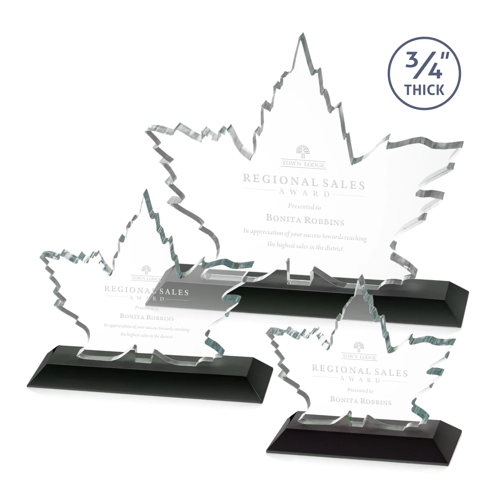 Personalized Starfire Crystal Maple Leaf Award With Acid-Polished Edges for employee recognition