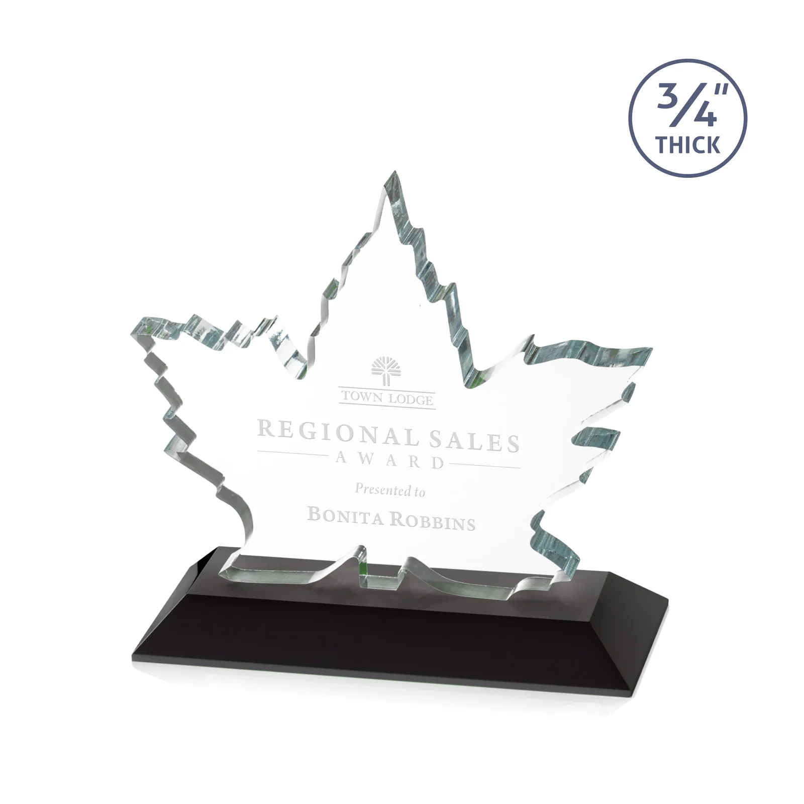 Personalized Starfire Crystal Maple Leaf Award With Acid-Polished Edges for corporate award ceremonies