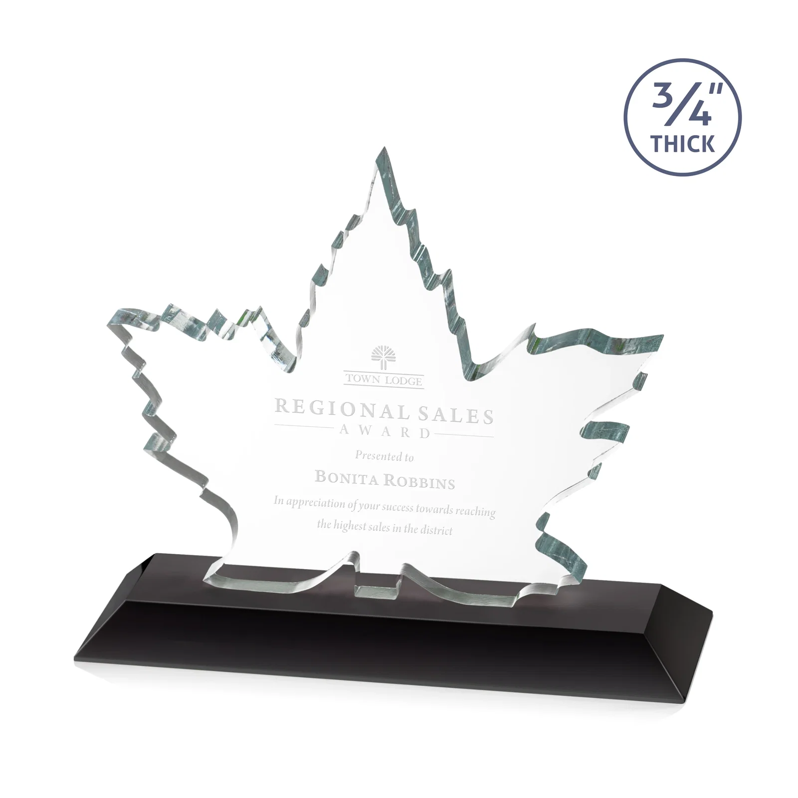 Personalized Starfire Crystal Maple Leaf Award With Acid-Polished Edges for service anniversary gifts