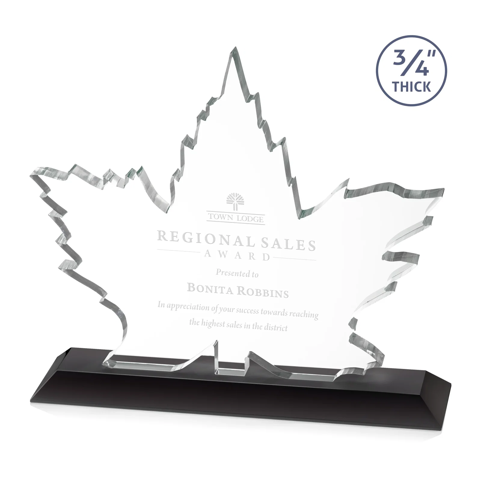 Personalized Starfire Crystal Maple Leaf Award With Acid-Polished Edges for sales achievement awards