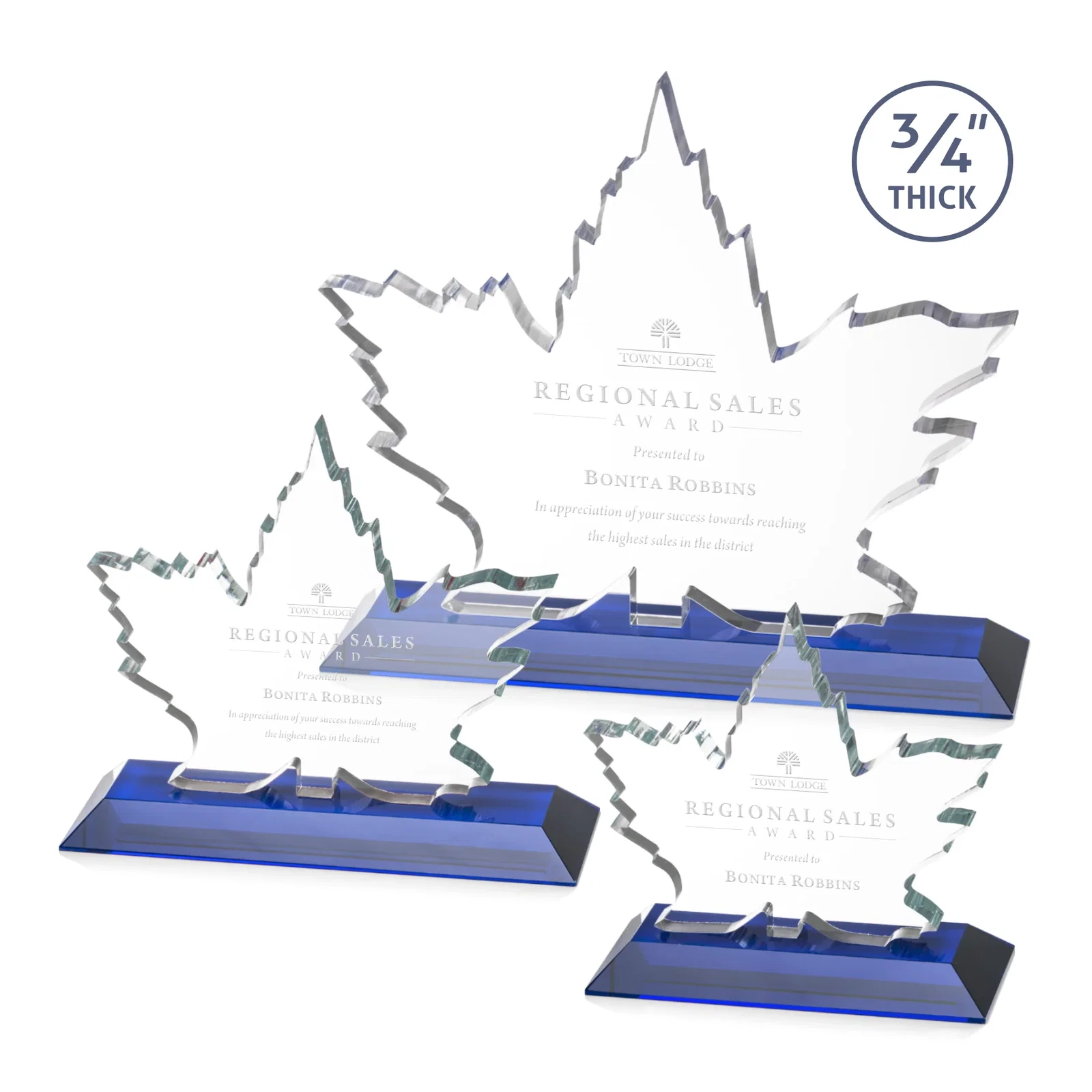 Personalized Starfire Crystal Maple Leaf Award With Acid-Polished Edges for retirement presentations