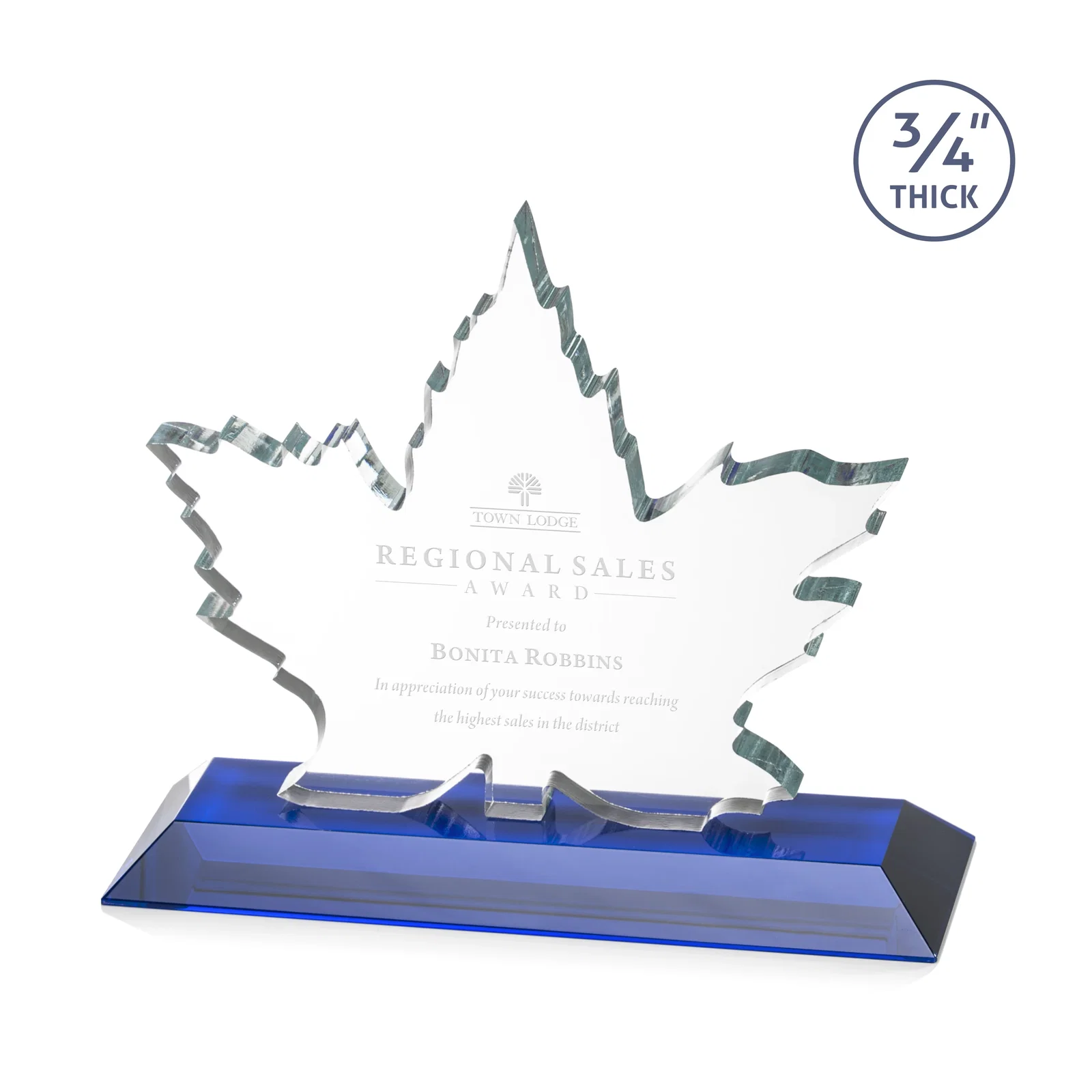 Personalized Starfire Crystal Maple Leaf Award With Acid-Polished Edges for donor appreciation