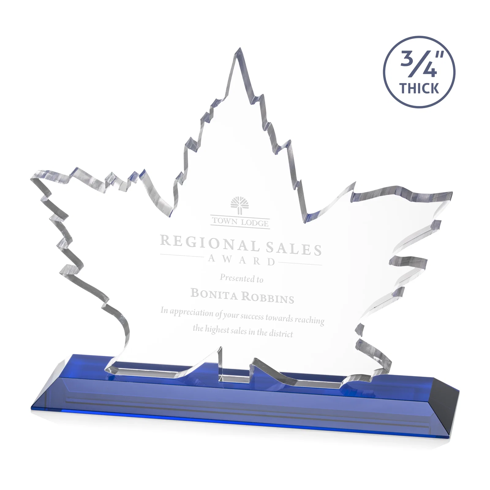 Personalized Starfire Crystal Maple Leaf Award With Acid-Polished Edges for graduation ceremonies