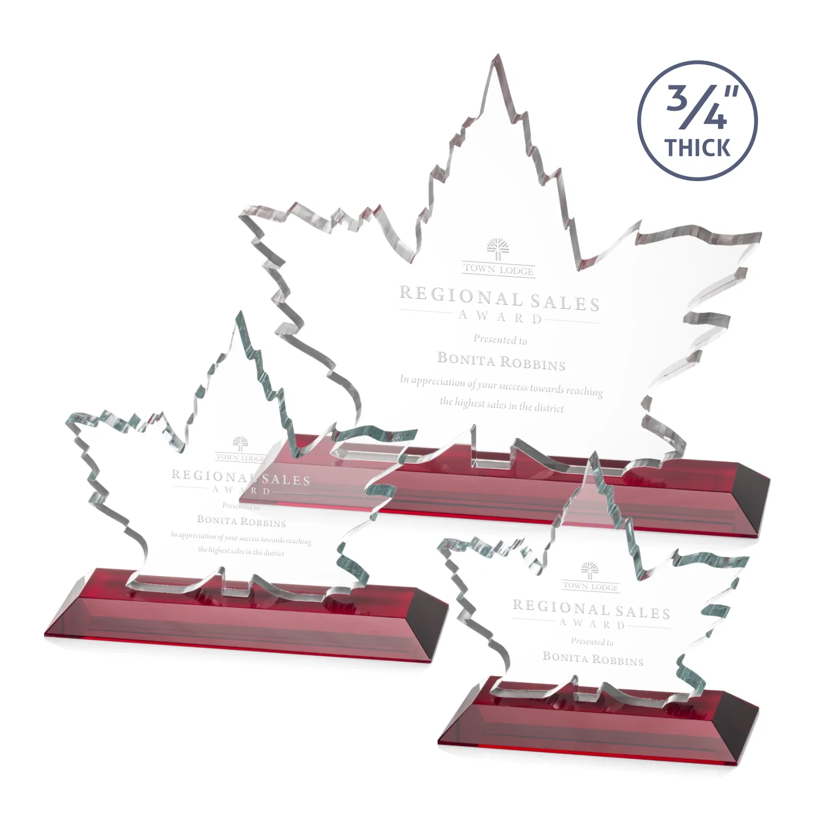 Personalized Starfire Crystal Maple Leaf Award With Acid-Polished Edges for safety achievement programs