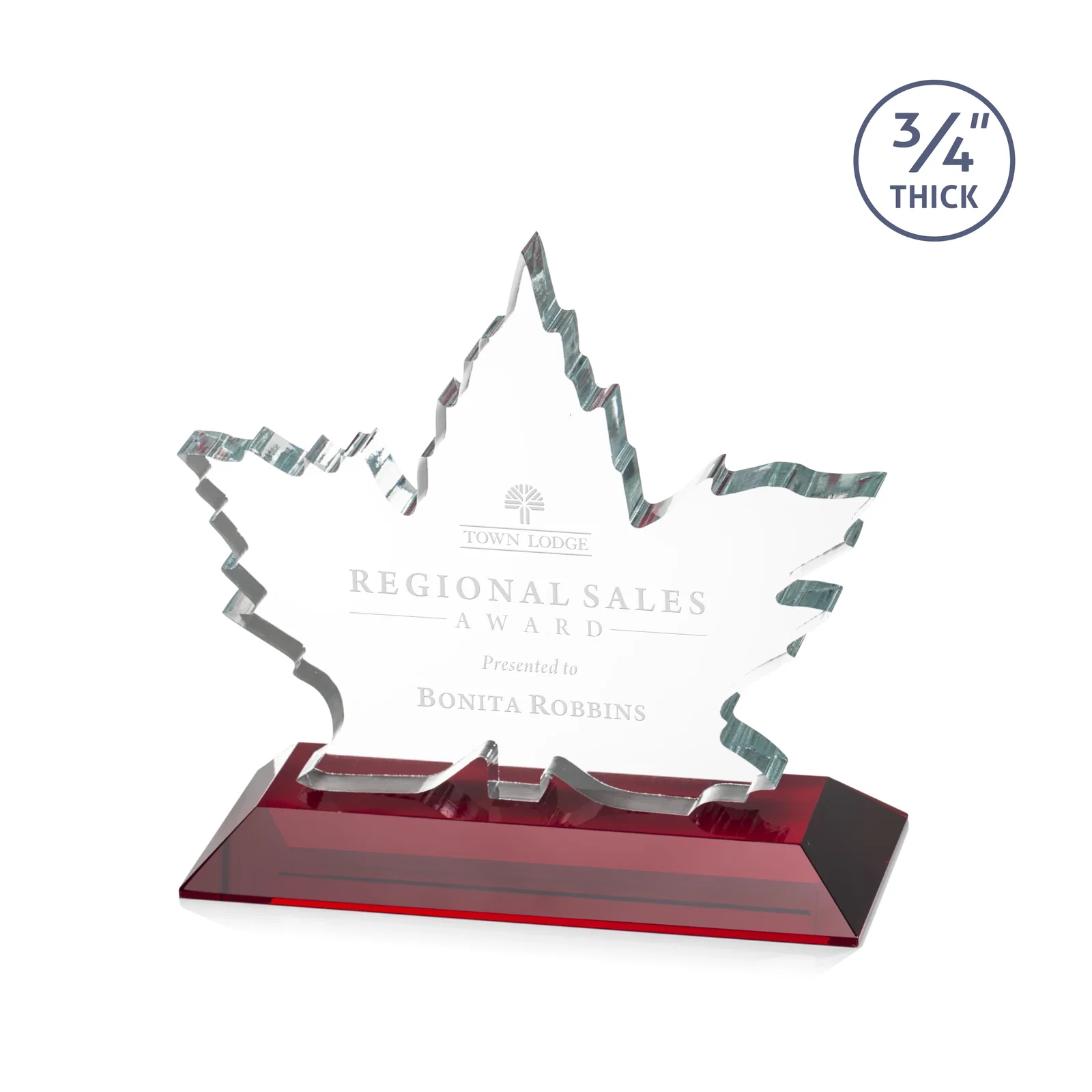 Personalized Starfire Crystal Maple Leaf Award With Acid-Polished Edges for volunteer appreciation
