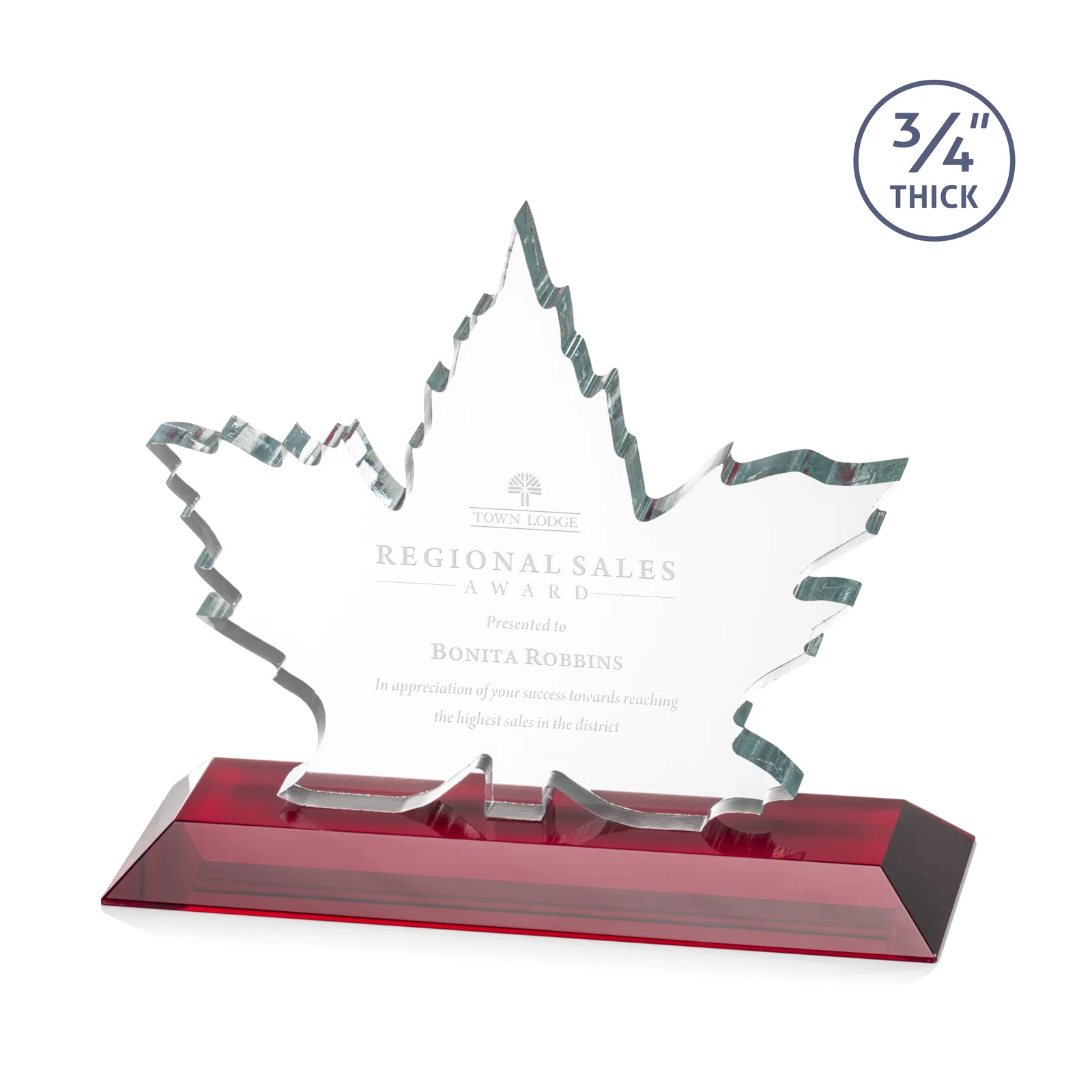 Personalized Starfire Crystal Maple Leaf Award With Acid-Polished Edges for dealer and partner awards
