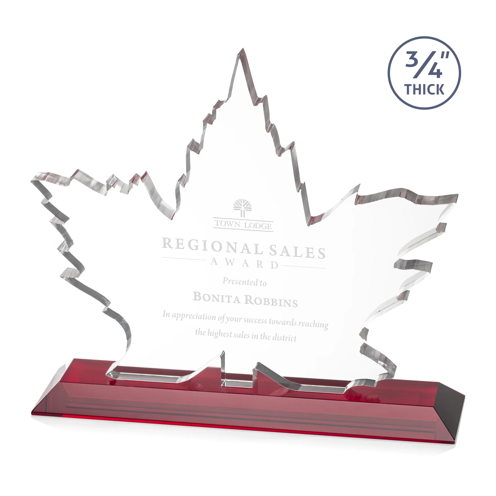 Personalized Starfire Crystal Maple Leaf Award With Acid-Polished Edges for company anniversary events