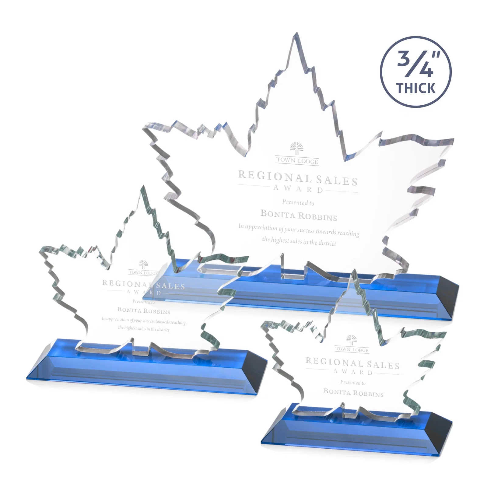 Promotional Starfire Crystal Maple Leaf Award With Acid-Polished Edges for employee recognition
