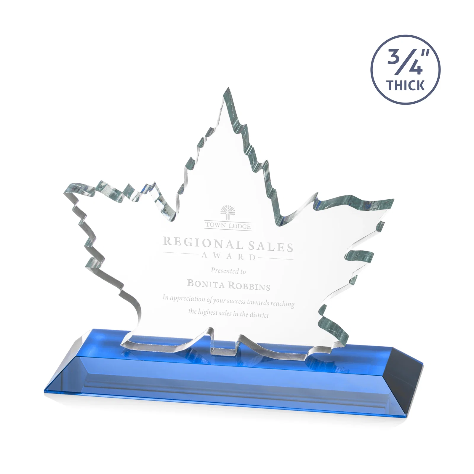 Promotional Starfire Crystal Maple Leaf Award With Acid-Polished Edges for service anniversary gifts