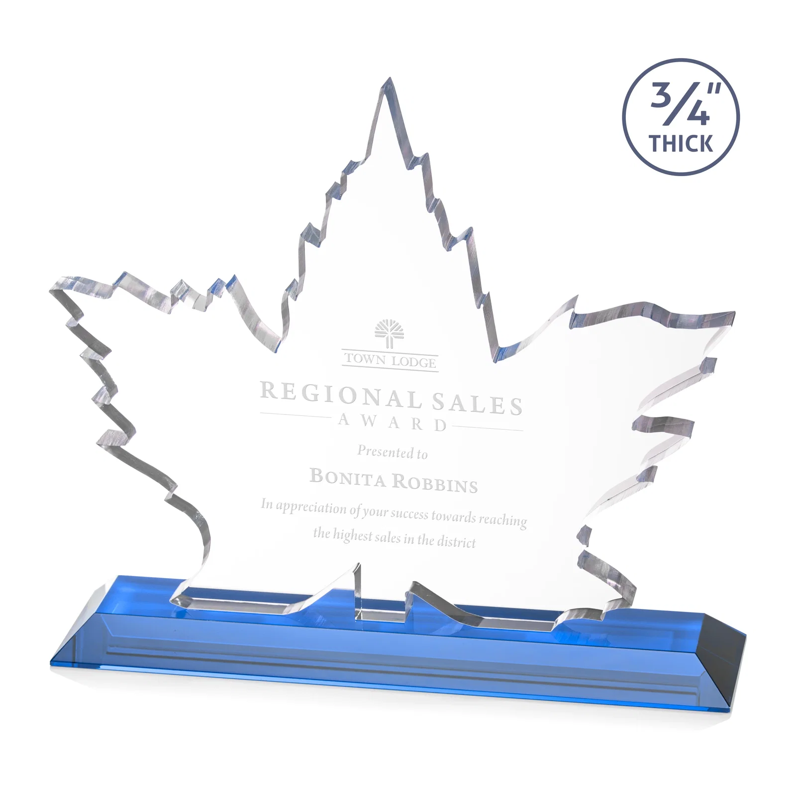 Promotional Starfire Crystal Maple Leaf Award With Acid-Polished Edges for sales achievement awards