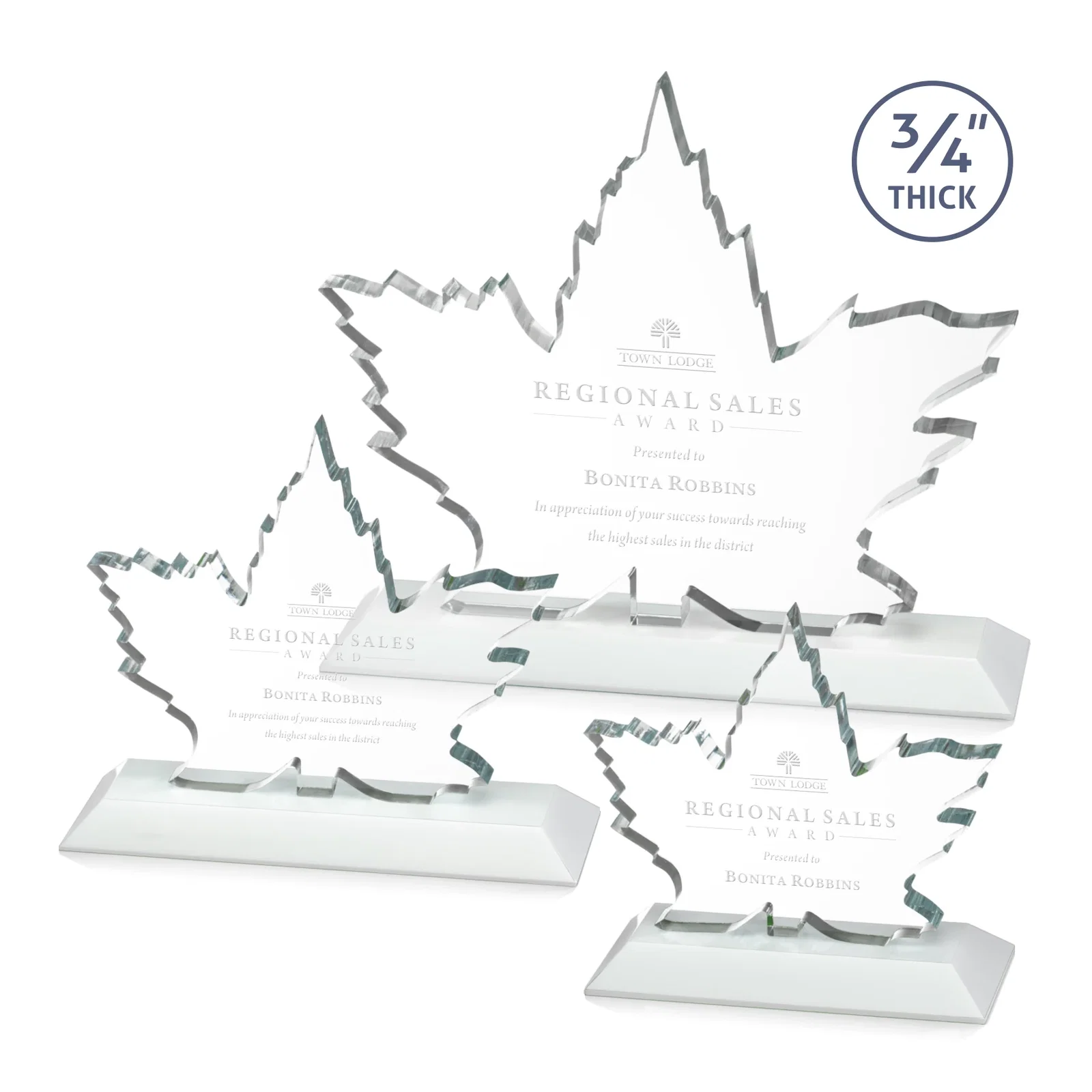 Promotional Starfire Crystal Maple Leaf Award With Acid-Polished Edges for retirement presentations