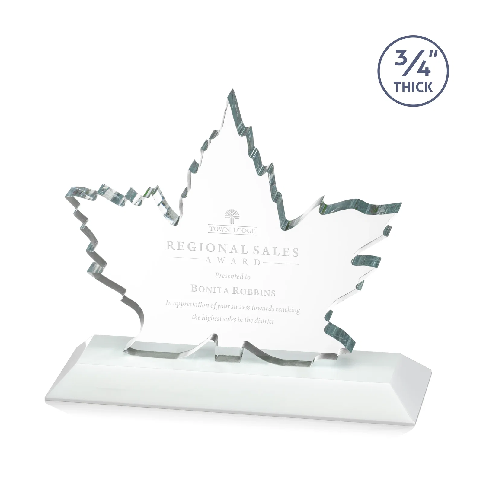 Promotional Starfire Crystal Maple Leaf Award With Acid-Polished Edges for donor appreciation