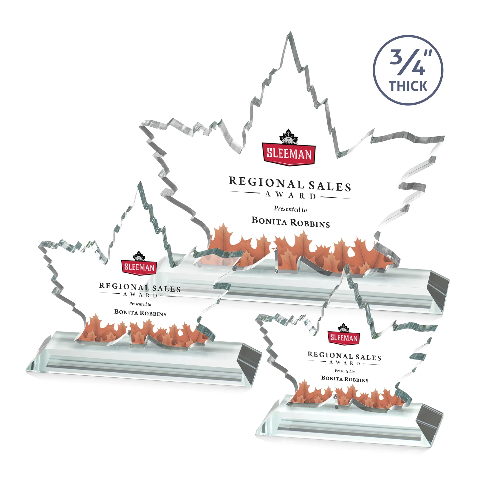 Promotional Starfire Crystal Maple Leaf Award With Acid-Polished Edges for safety achievement programs