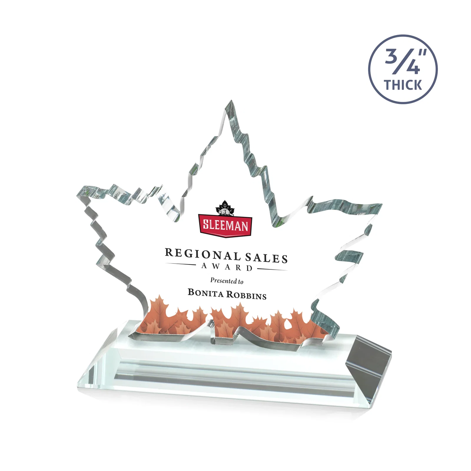 Promotional Starfire Crystal Maple Leaf Award With Acid-Polished Edges for volunteer appreciation