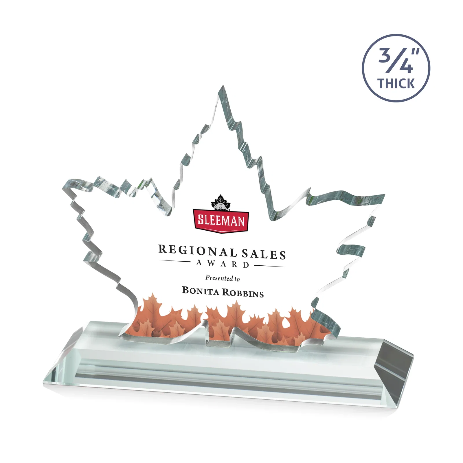 Promotional Starfire Crystal Maple Leaf Award With Acid-Polished Edges for dealer and partner awards