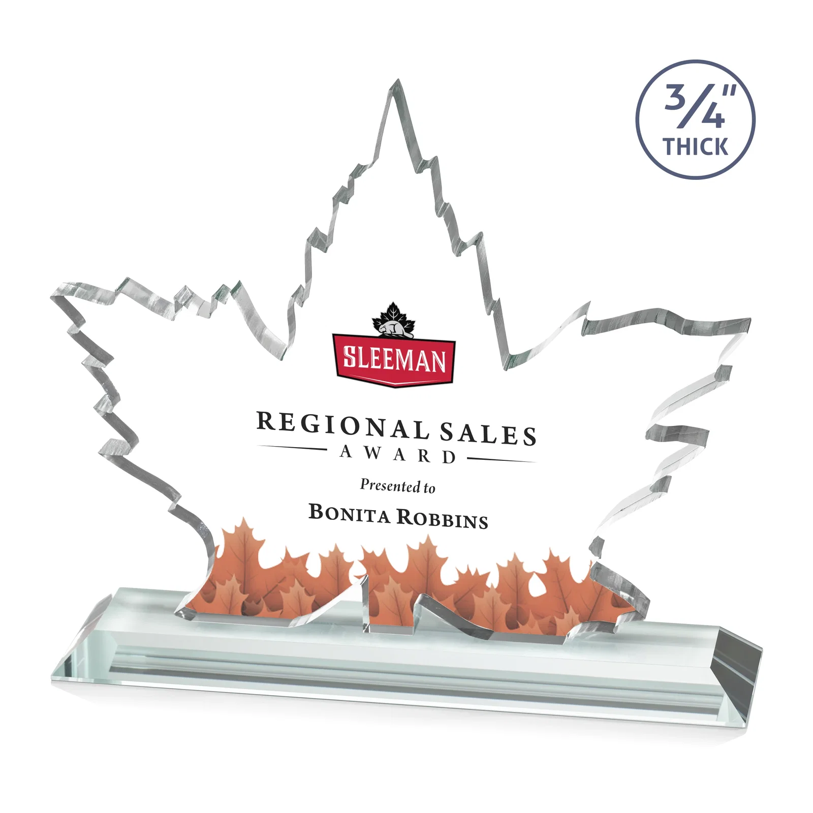 Promotional Starfire Crystal Maple Leaf Award With Acid-Polished Edges for company anniversary events