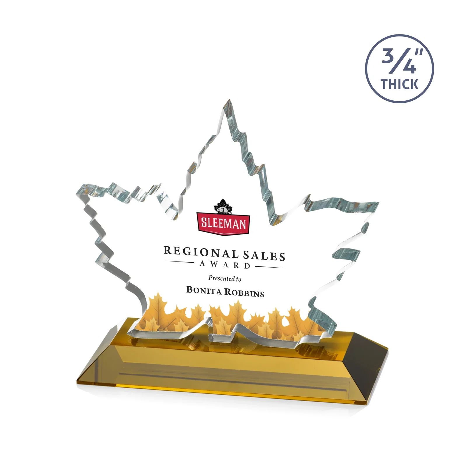Branded Starfire Crystal Maple Leaf Award With Acid-Polished Edges for corporate award ceremonies
