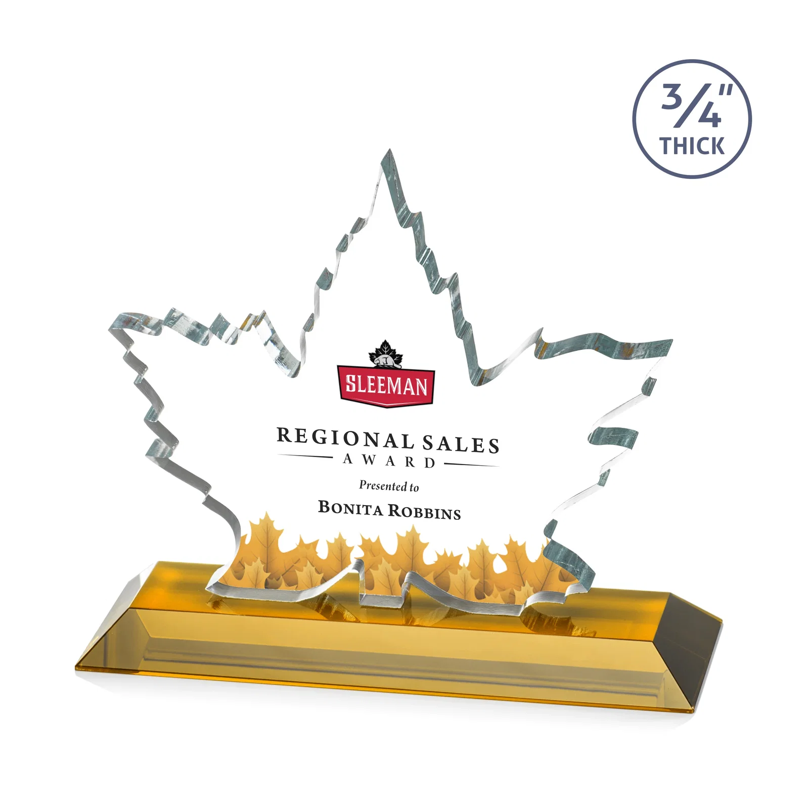 Branded Starfire Crystal Maple Leaf Award With Acid-Polished Edges for service anniversary gifts